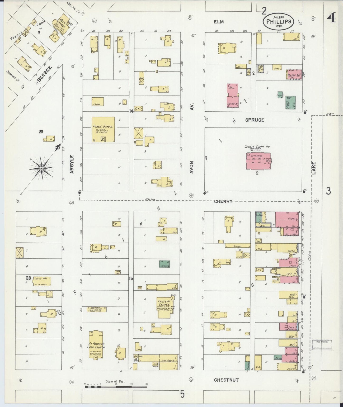 Sanborn Fire Insurance Map from Phillips, Price County, Wisconsin (1901), Sheet #0004 - Historic Sanborn Fire Insurance Map Print, vintage old map wall art, antique decor, genealogy gift, Wisconsin Wisconsin map
