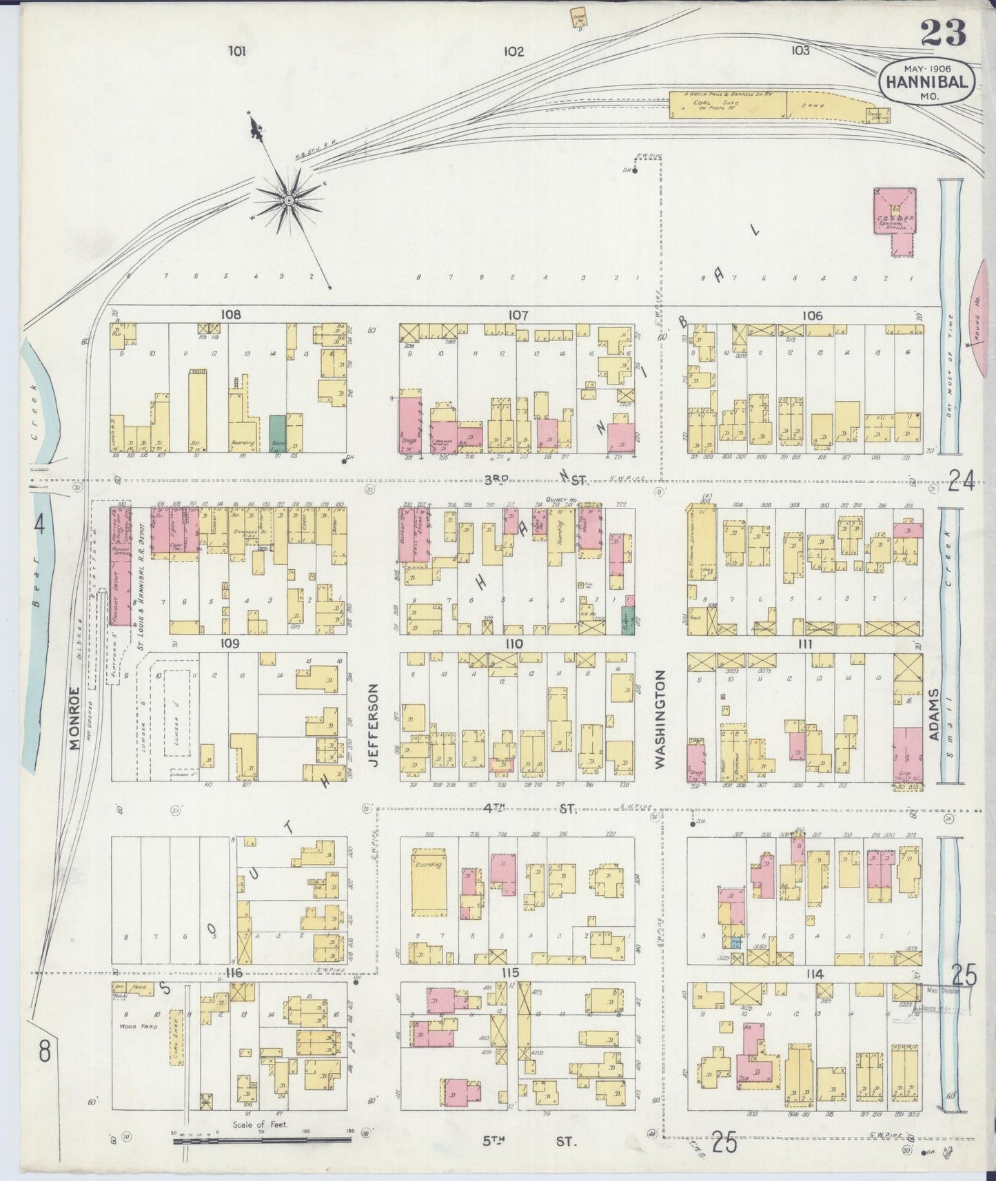 Sanborn Fire Insurance Map from Hannibal, Marion County, Missouri (1906), Sheet #0023 - Historic Sanborn Fire Insurance Map Print, vintage old map wall art, antique decor, genealogy gift, Missouri Missouri map