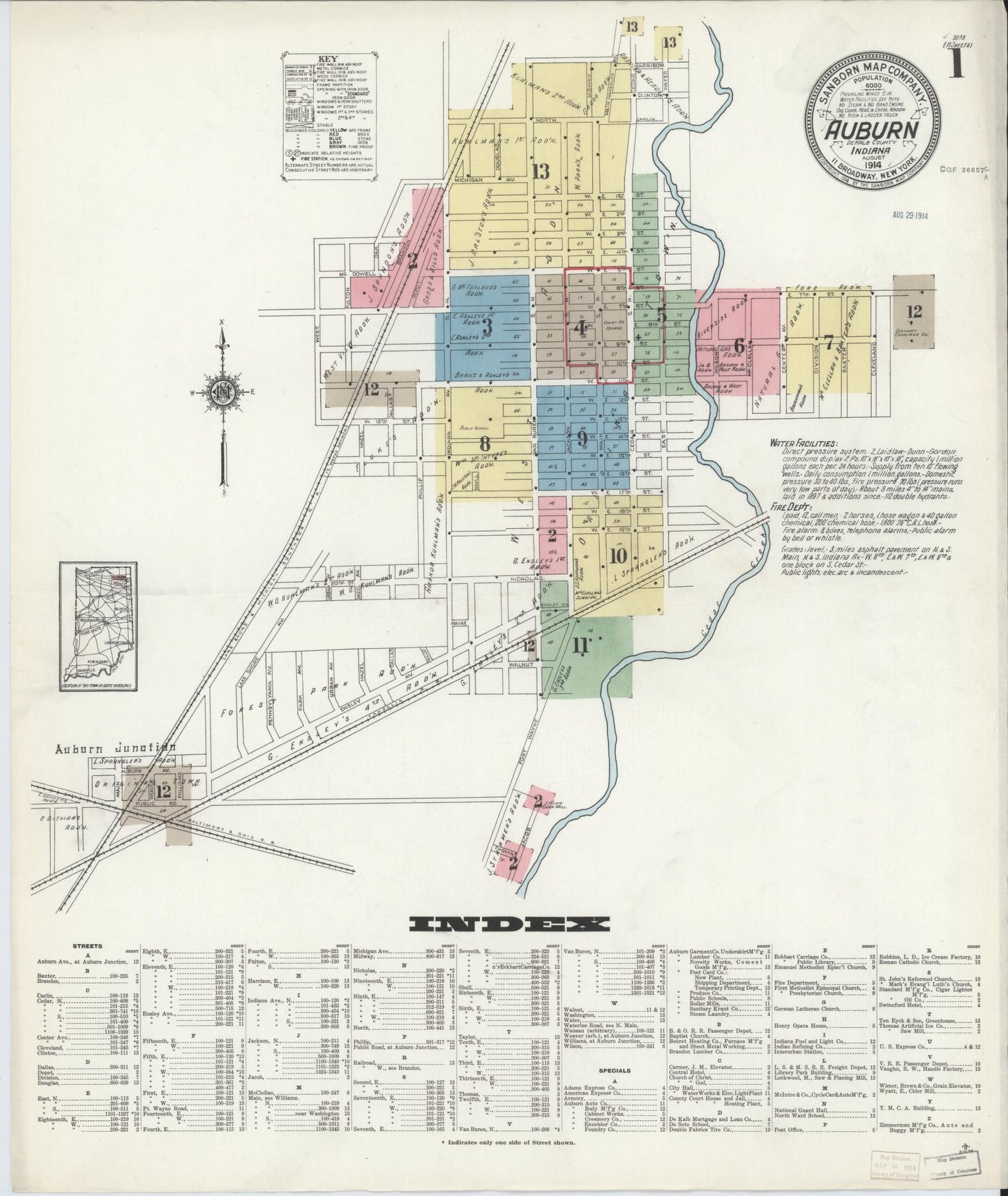 Sanborn Fire Insurance Map from Auburn, De Kalb County, Indiana (1914), Sheet #0001 - Historic Sanborn Fire Insurance Map Print, vintage old map wall art, antique decor, genealogy gift, Indiana Indiana map