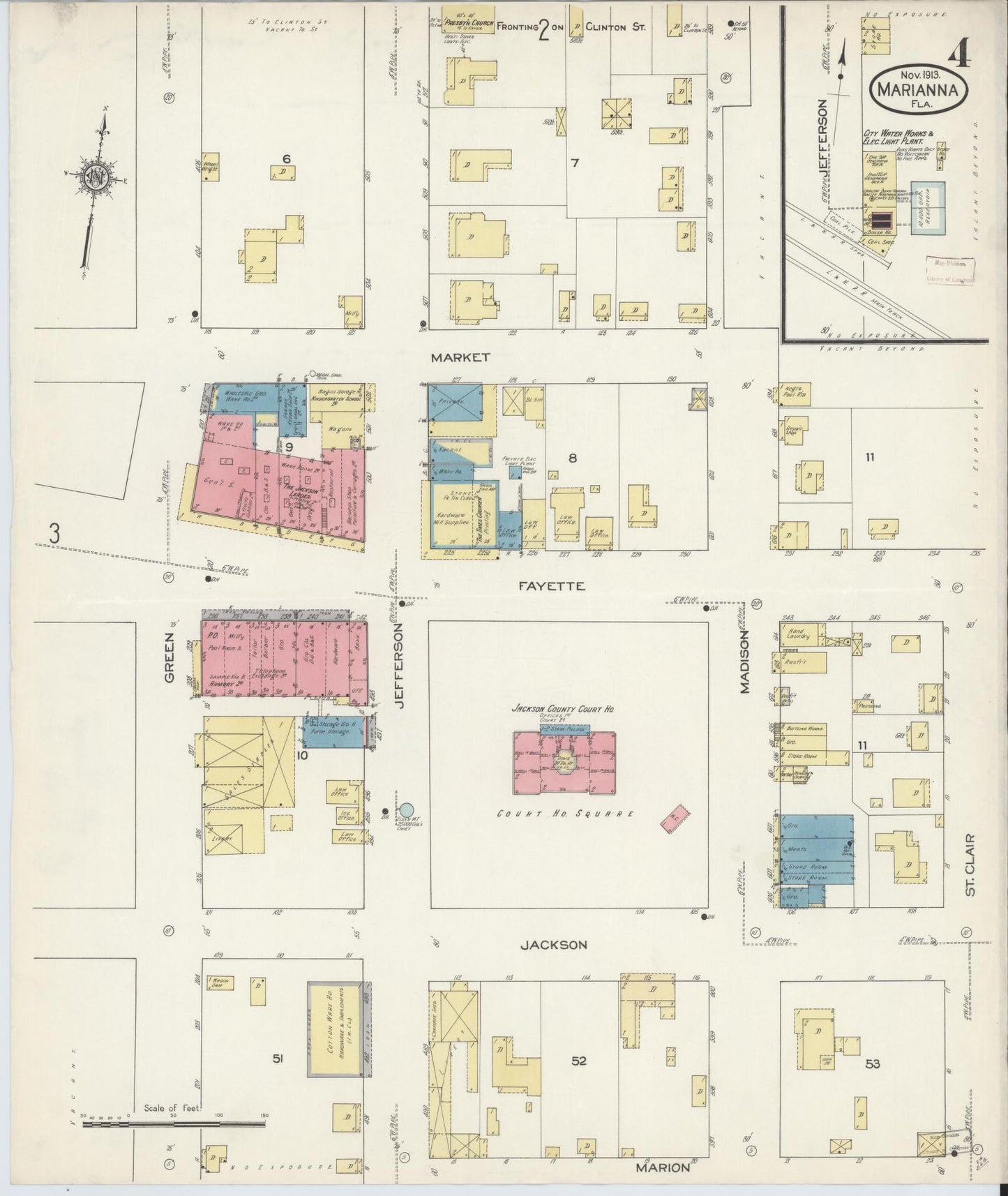 Sanborn Fire Insurance Map from Marianna, Jackson County, Florida (1913), Sheet #0004 - Historic Sanborn Fire Insurance Map Print, vintage old map wall art, antique decor, genealogy gift, Florida Florida map