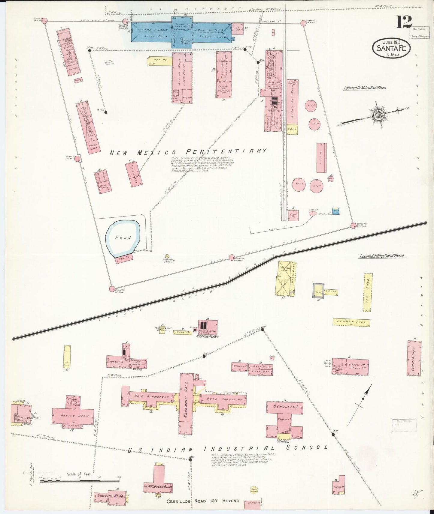 Sanborn Fire Insurance Map from Santa Fe, Santa Fe County, New Mexico (1913), Sheet #0012 - Historic Sanborn Fire Insurance Map Print, vintage old map wall art, antique decor, genealogy gift, New Mexico New Mexico map