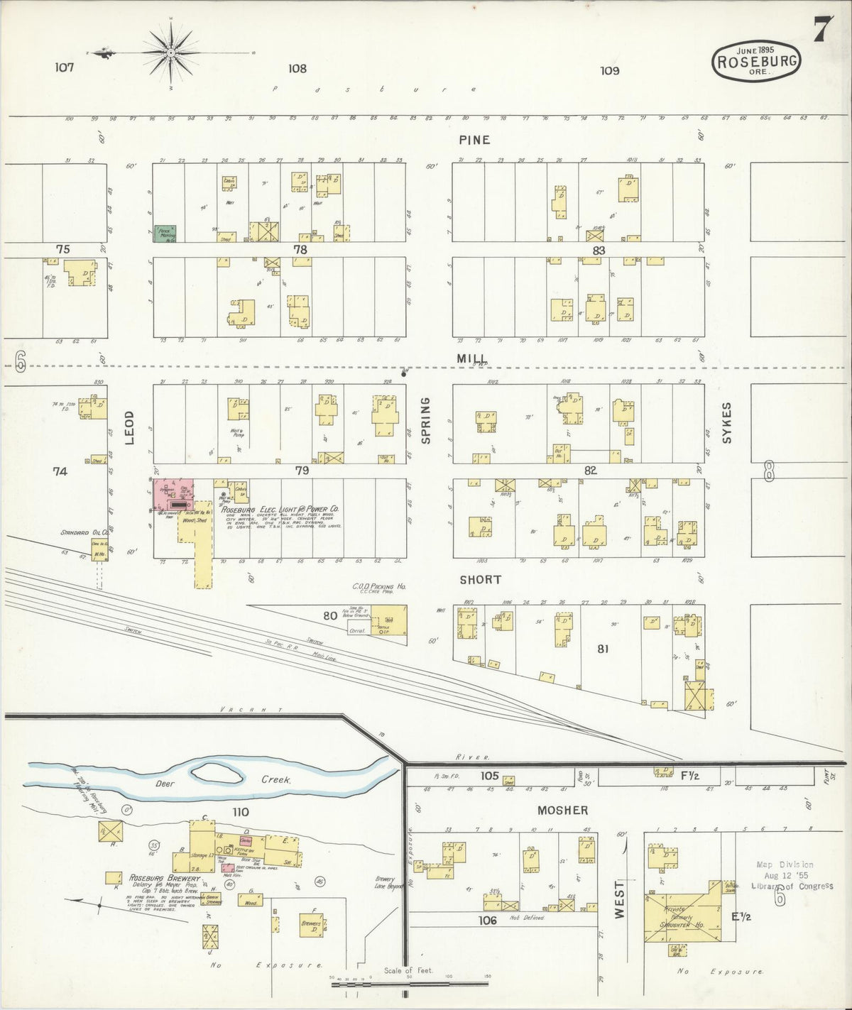 Sanborn Fire Insurance Map from Roseburg, Douglas County, Oregon (1895), Sheet #0007 - Historic Sanborn Fire Insurance Map Print, vintage old map wall art, antique decor, genealogy gift, Oregon Oregon map