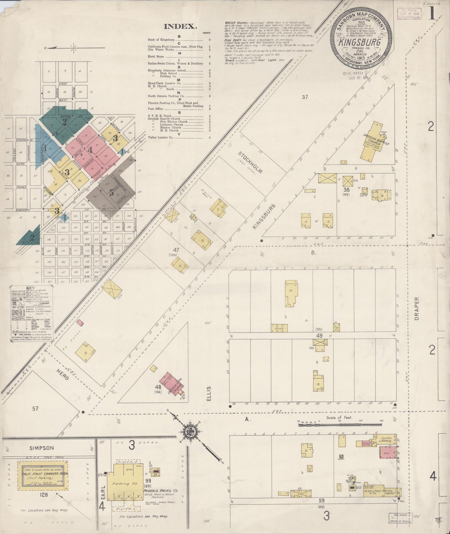 Sanborn Fire Insurance Map from Kingsburg, Fresno County, California (1913), Sheet #0001 - Historic Sanborn Fire Insurance Map Print, vintage old map wall art, antique decor, genealogy gift, California California map