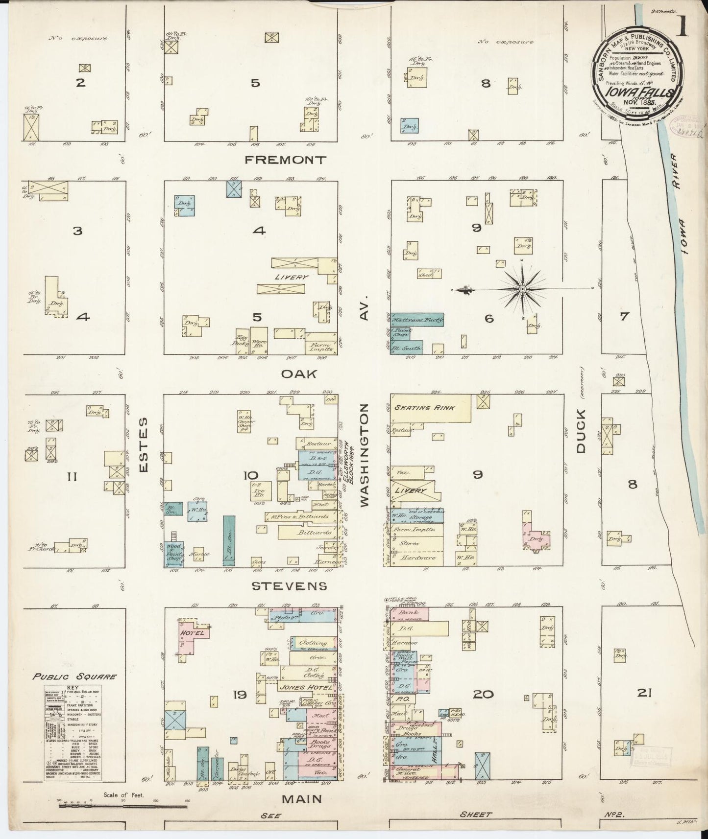 Sanborn Fire Insurance Map from Iowa Falls, Hardin County, Iowa (1885), Sheet #0001 - Historic Sanborn Fire Insurance Map Print, vintage old map wall art