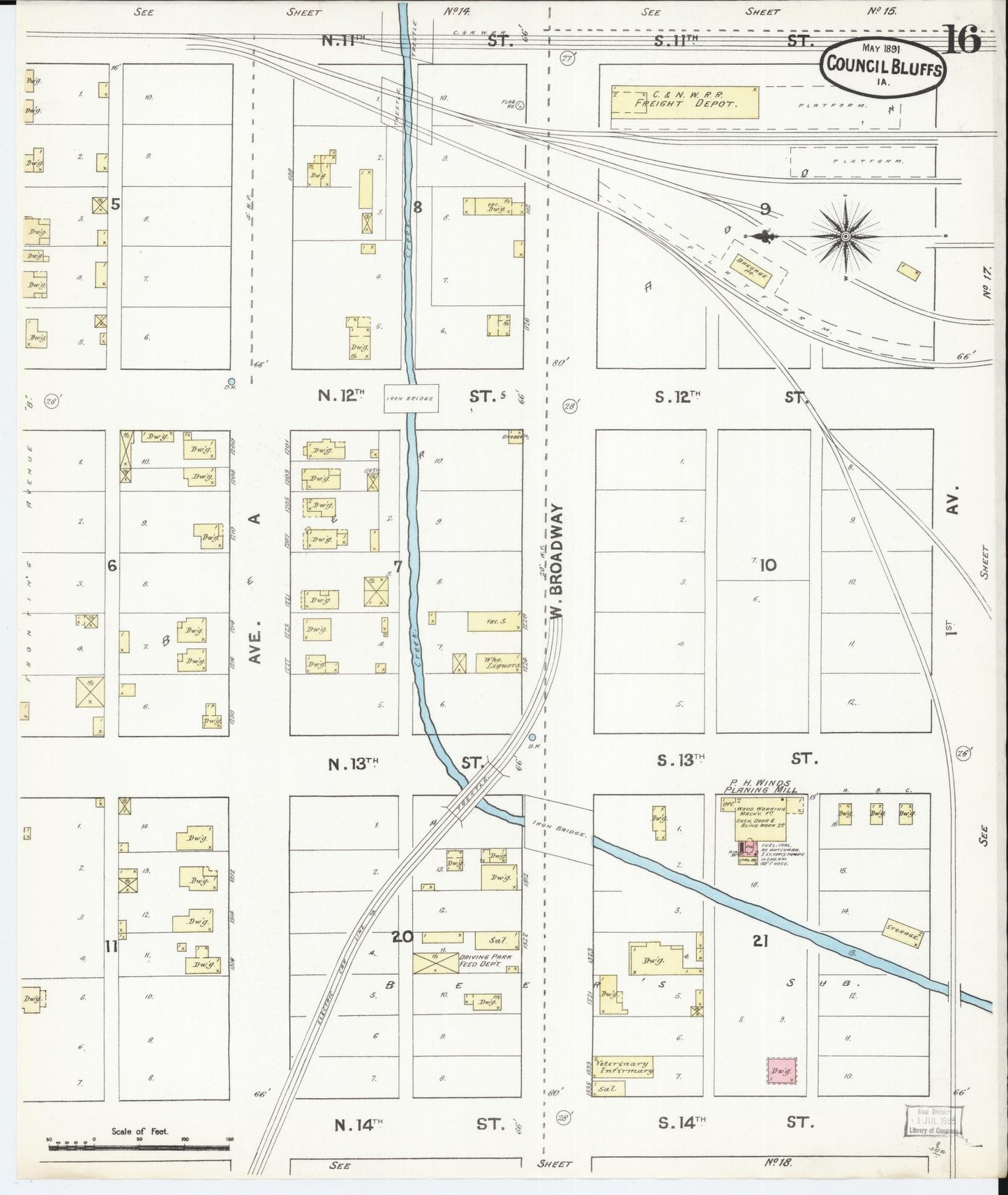 Sanborn Fire Insurance Map from Council Bluffs, Pottawattamie County, Iowa (1891), Sheet #0016 - Historic Sanborn Fire Insurance Map Print, vintage old map wall art