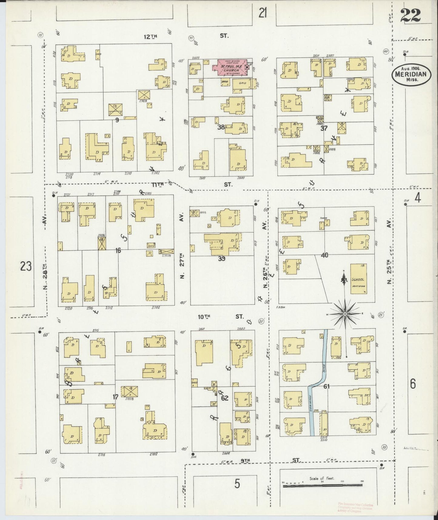Sanborn Fire Insurance Map from Meridian, Lauderdale County, Mississippi (1906), Sheet #0022 - Historic Sanborn Fire Insurance Map Print, vintage old map wall art, antique decor, genealogy gift, Mississippi Mississippi map