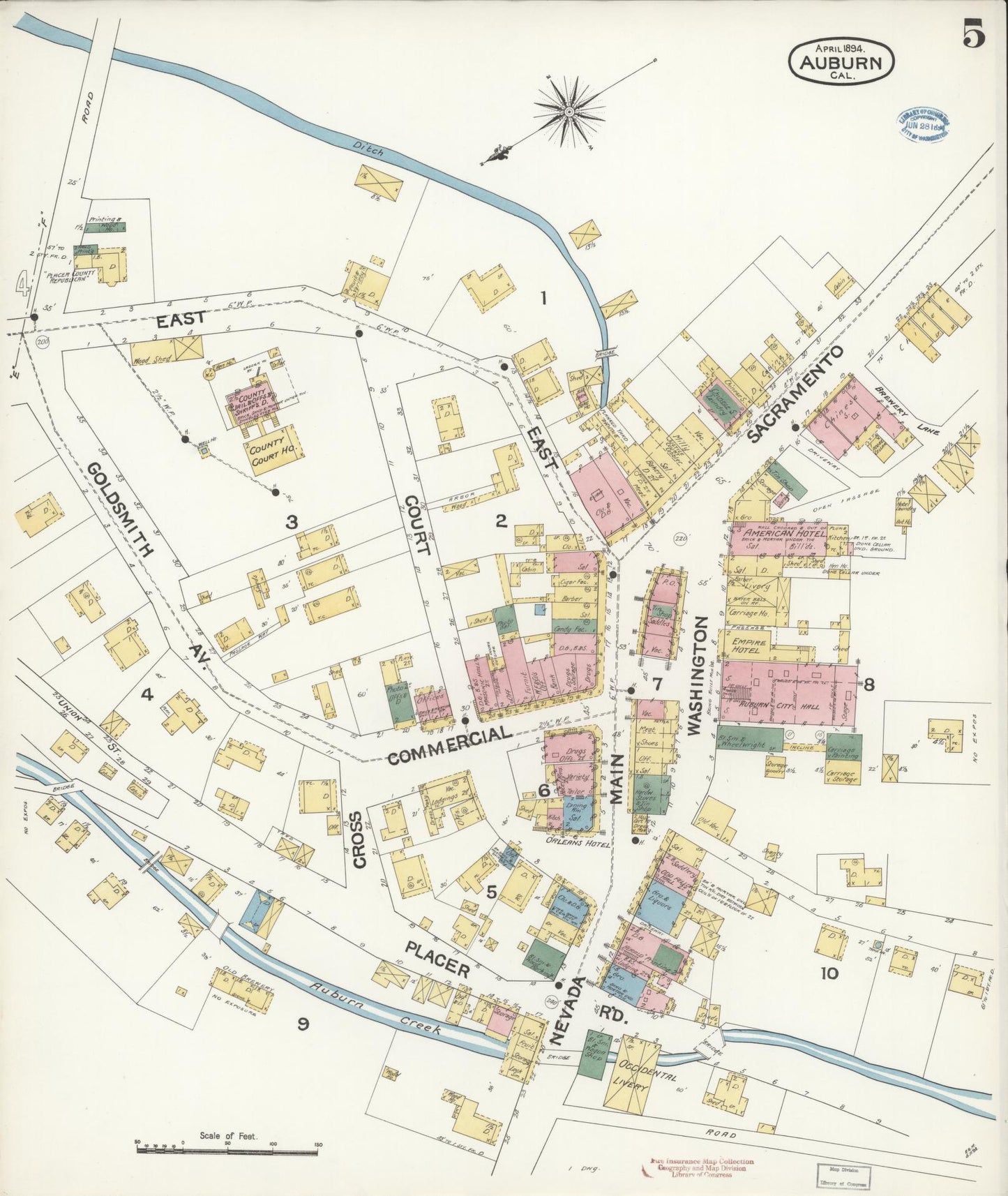 Sanborn Fire Insurance Map from Auburn, Placer County, California (1894), Sheet #0005 - Historic Sanborn Fire Insurance Map Print, vintage old map wall art, antique decor, genealogy gift, California California map