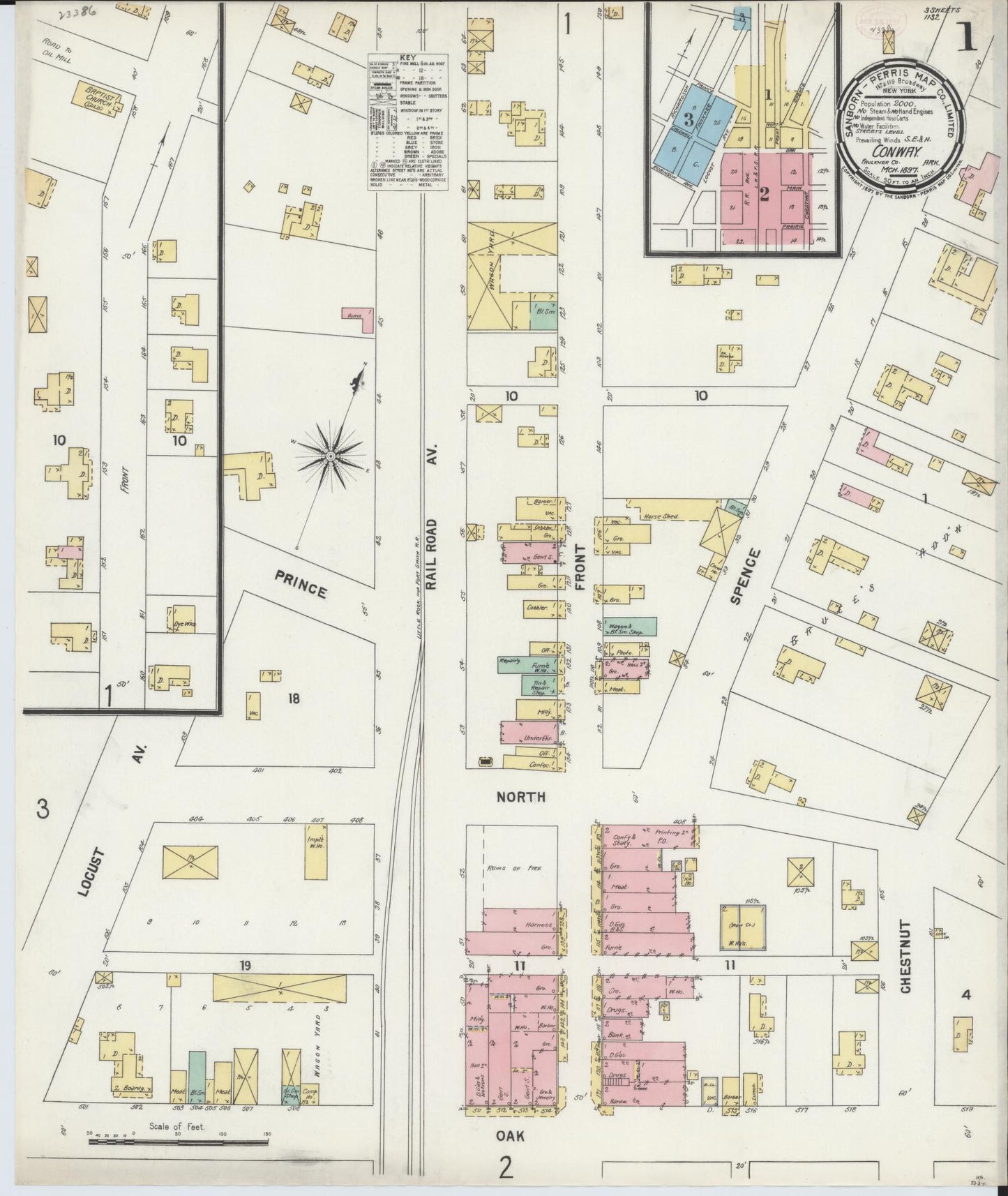 Sanborn Fire Insurance Map from Conway, Faulkner County, Arkansas (1897), Sheet #0001 - Historic Sanborn Fire Insurance Map Print, vintage old map wall art, antique decor, genealogy gift, Arkansas Arkansas map