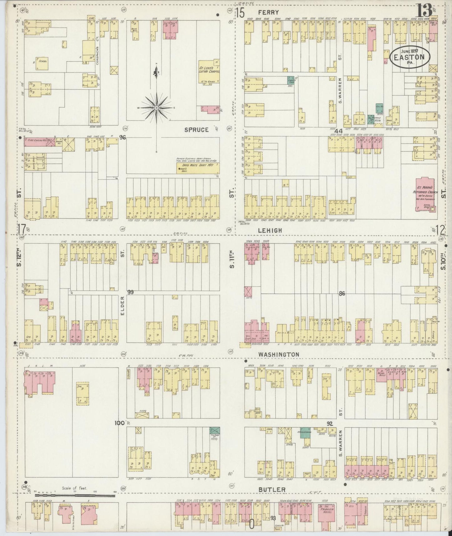 Sanborn Fire Insurance Map from Easton, Northampton County, Pennsylvania (1897), Sheet #0013 - Historic Sanborn Fire Insurance Map Print, vintage old map wall art, antique decor, genealogy gift, Pennsylvania Pennsylvania map