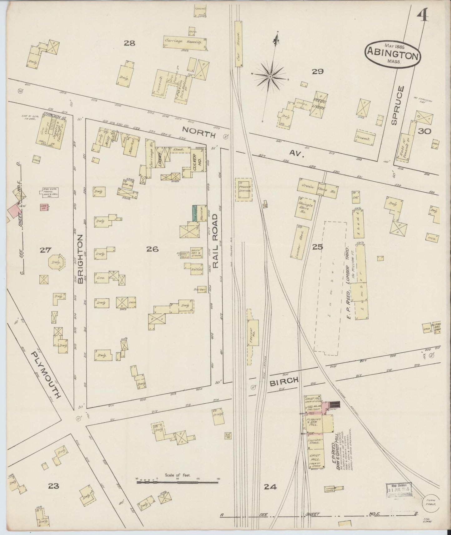 Sanborn Fire Insurance Map from Abington, Plymouth County, Massachusetts (1885), Sheet #0004 - Historic Sanborn Fire Insurance Map Print, vintage old map wall art, antique decor, genealogy gift, Massachusetts Massachusetts map