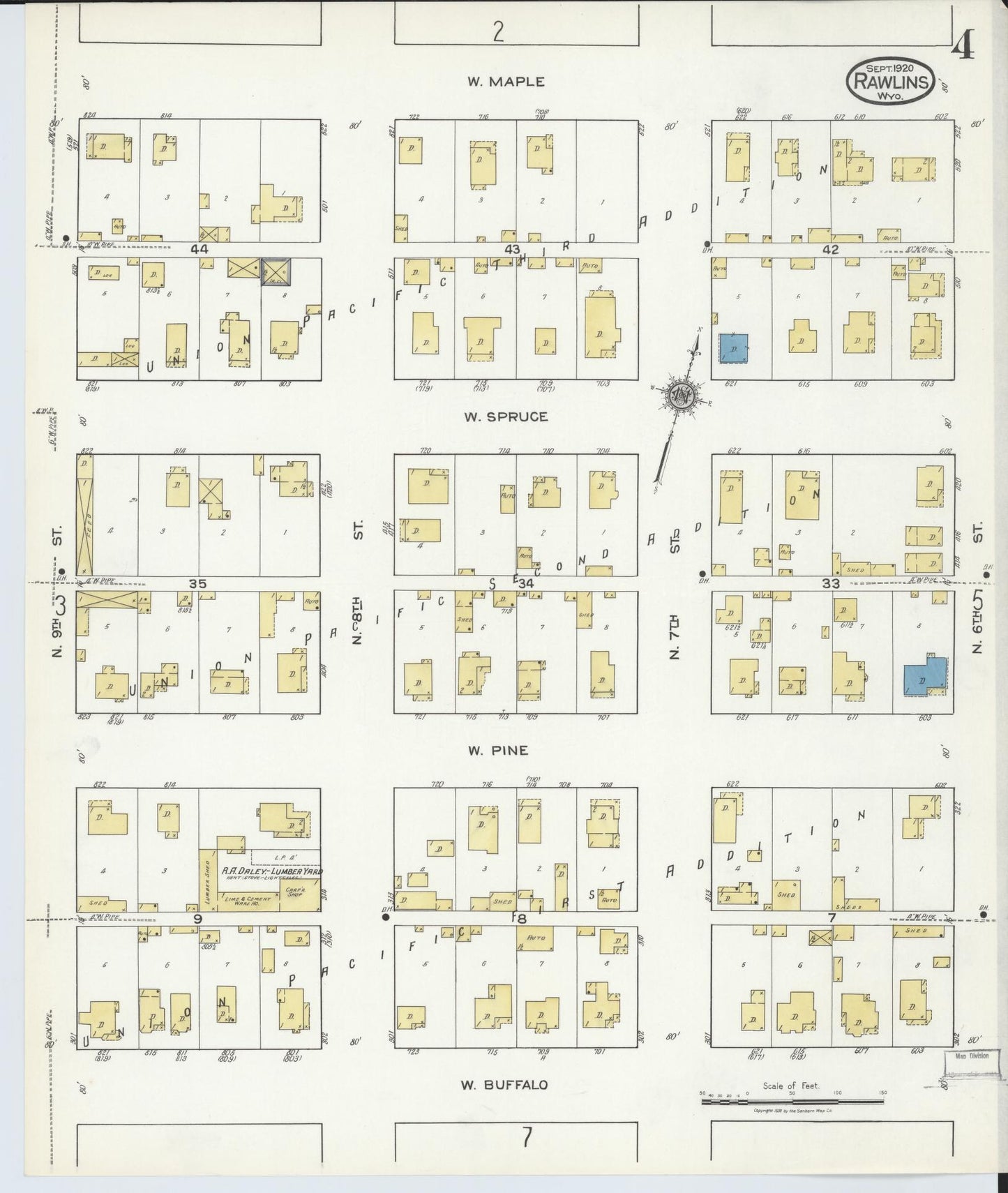 Sanborn Fire Insurance Map from Rawlins, Carbon County, Wyoming (1920), Sheet #0004 - Historic Sanborn Fire Insurance Map Print, vintage old map wall art, antique decor, genealogy gift, Wyoming Wyoming map