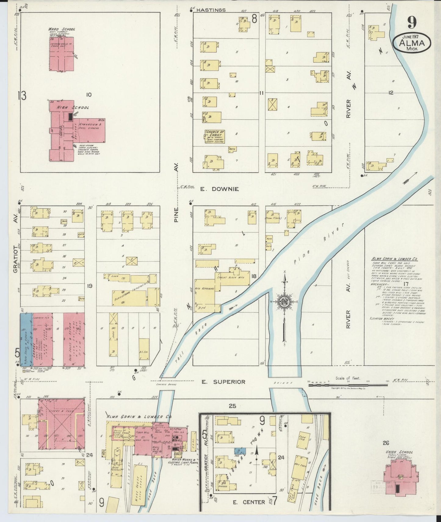Sanborn Fire Insurance Map from Alma, Gratiot County, Michigan (1917), Sheet #0009 - Historic Sanborn Fire Insurance Map Print, vintage old map wall art, antique decor, genealogy gift, Michigan Michigan map