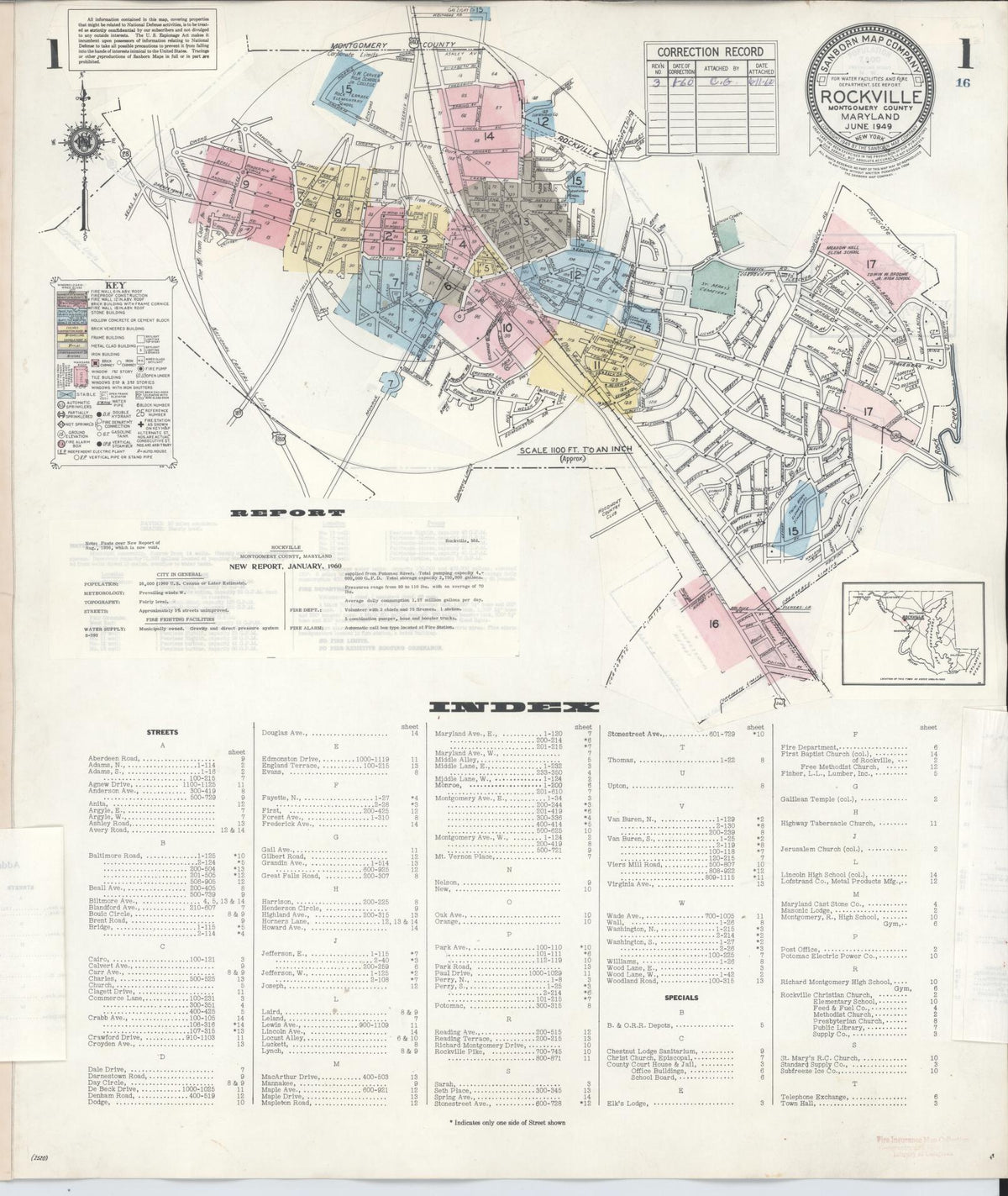 Sanborn Fire Insurance Map from Rockville, Montgomery County, Maryland (1960), Sheet #0001 - Historic Sanborn Fire Insurance Map Print, vintage old map wall art, antique decor, genealogy gift, Maryland Maryland map