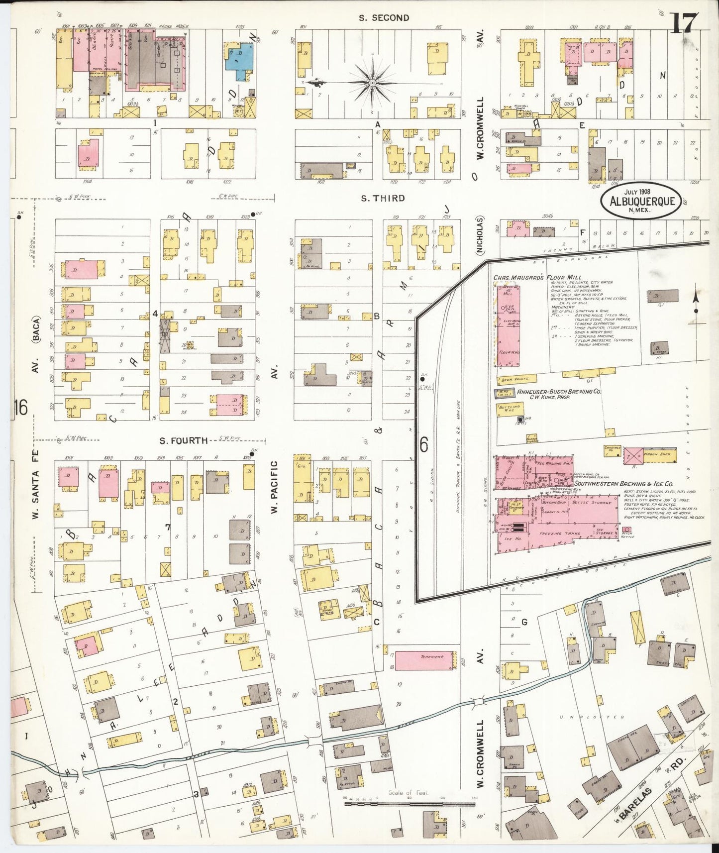 Sanborn Fire Insurance Map from Albuquerque, Bernalillo County, New Mexico (1908), Sheet #0017 - Historic Sanborn Fire Insurance Map Print, vintage old map wall art, antique decor, genealogy gift, New Mexico New Mexico map
