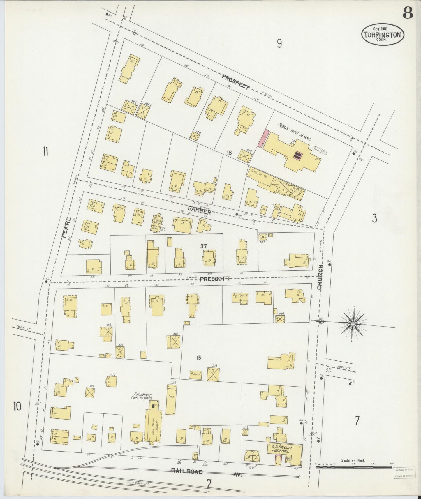 Sanborn Fire Insurance Map from Torrington, Litchfield County, Connecticut (1901), Sheet #0008 - Historic Sanborn Fire Insurance Map Print, vintage old map wall art, antique decor, genealogy gift, Connecticut Connecticut map