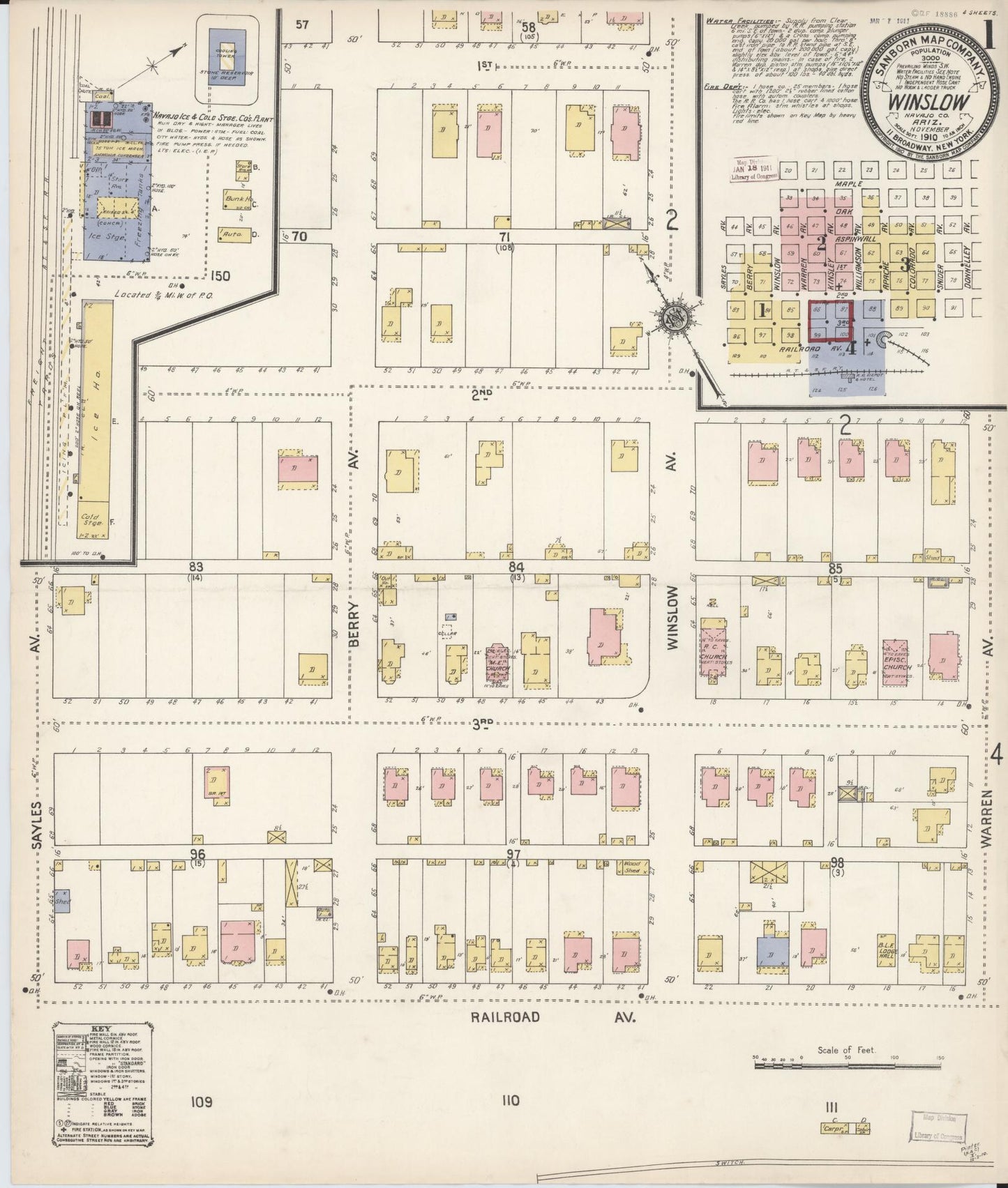 Sanborn Fire Insurance Map from Winslow, Navajo County, Arizona (1910), Sheet #0001 - Historic Sanborn Fire Insurance Map Print, vintage old map wall art, antique decor, genealogy gift, Arizona Arizona map