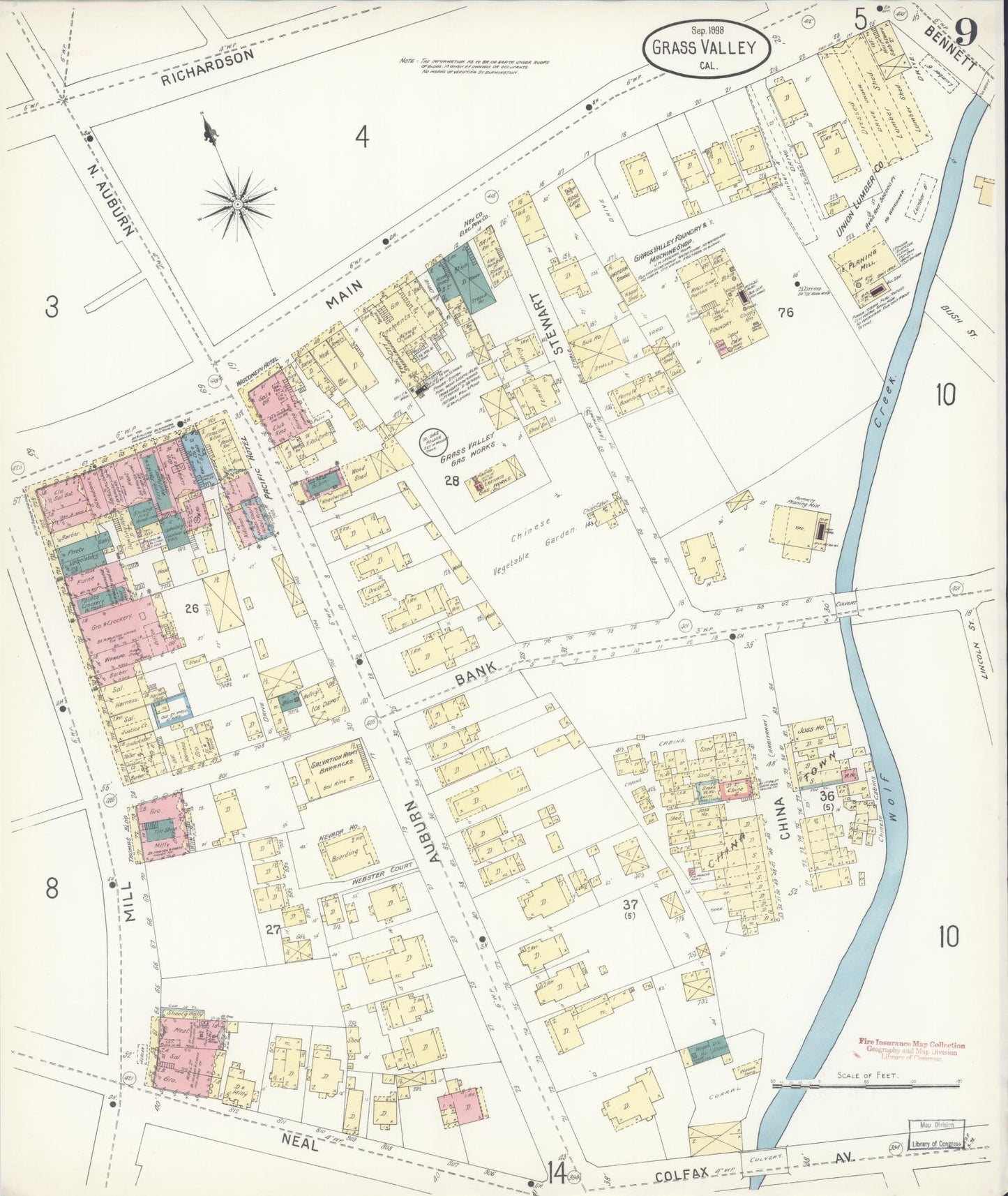 Sanborn Fire Insurance Map from Grass Valley, Nevada County, California (1898), Sheet #0009 - Historic Sanborn Fire Insurance Map Print, vintage old map wall art, antique decor, genealogy gift, California California map