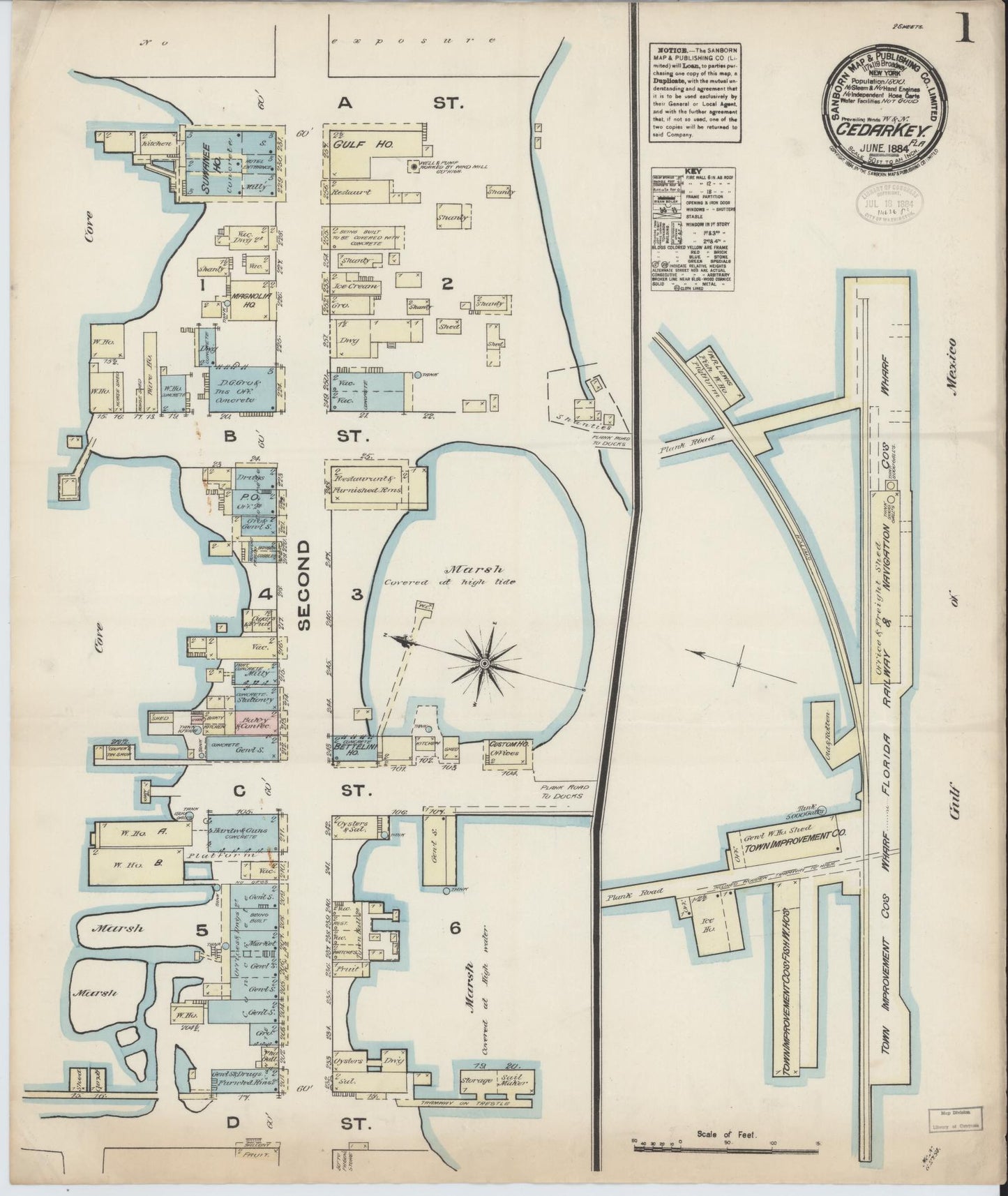Sanborn Fire Insurance Map from Cedar Key, Levy County, Florida (1884), Sheet #0001 - Historic Sanborn Fire Insurance Map Print, vintage old map wall art, antique decor, genealogy gift, Florida Florida map