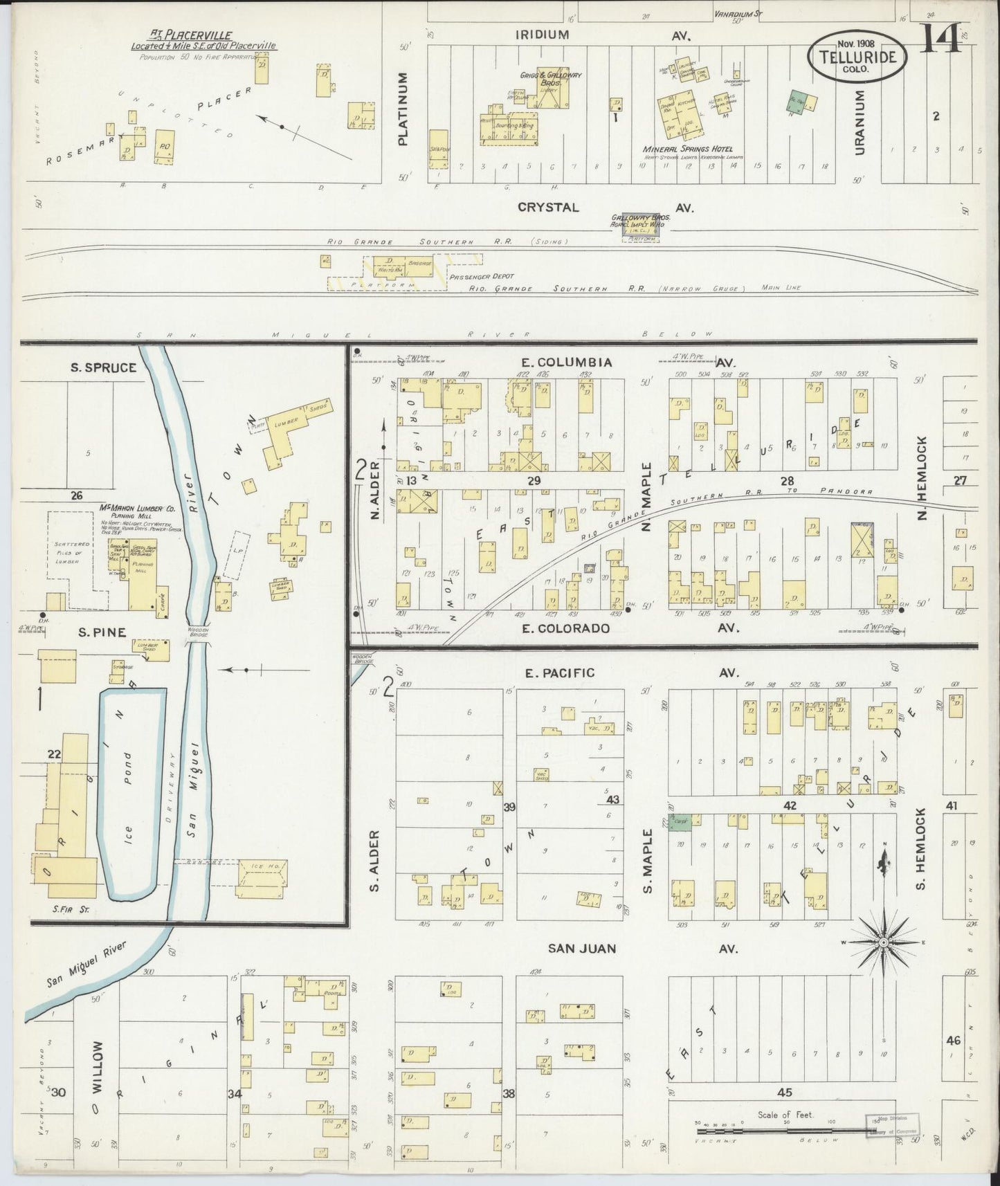 Sanborn Fire Insurance Map from Telluride, San Miguel County, Colorado (1908), Sheet #0014 - Historic Sanborn Fire Insurance Map Print, vintage old map wall art, antique decor, genealogy gift, Colorado Colorado map