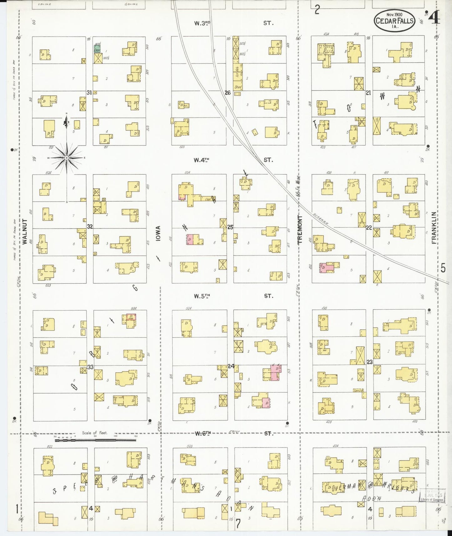 Sanborn Fire Insurance Map from Cedar Falls, Black Hawk County, Iowa (1900), Sheet #0004 - Historic Sanborn Fire Insurance Map Print, vintage old map wall art