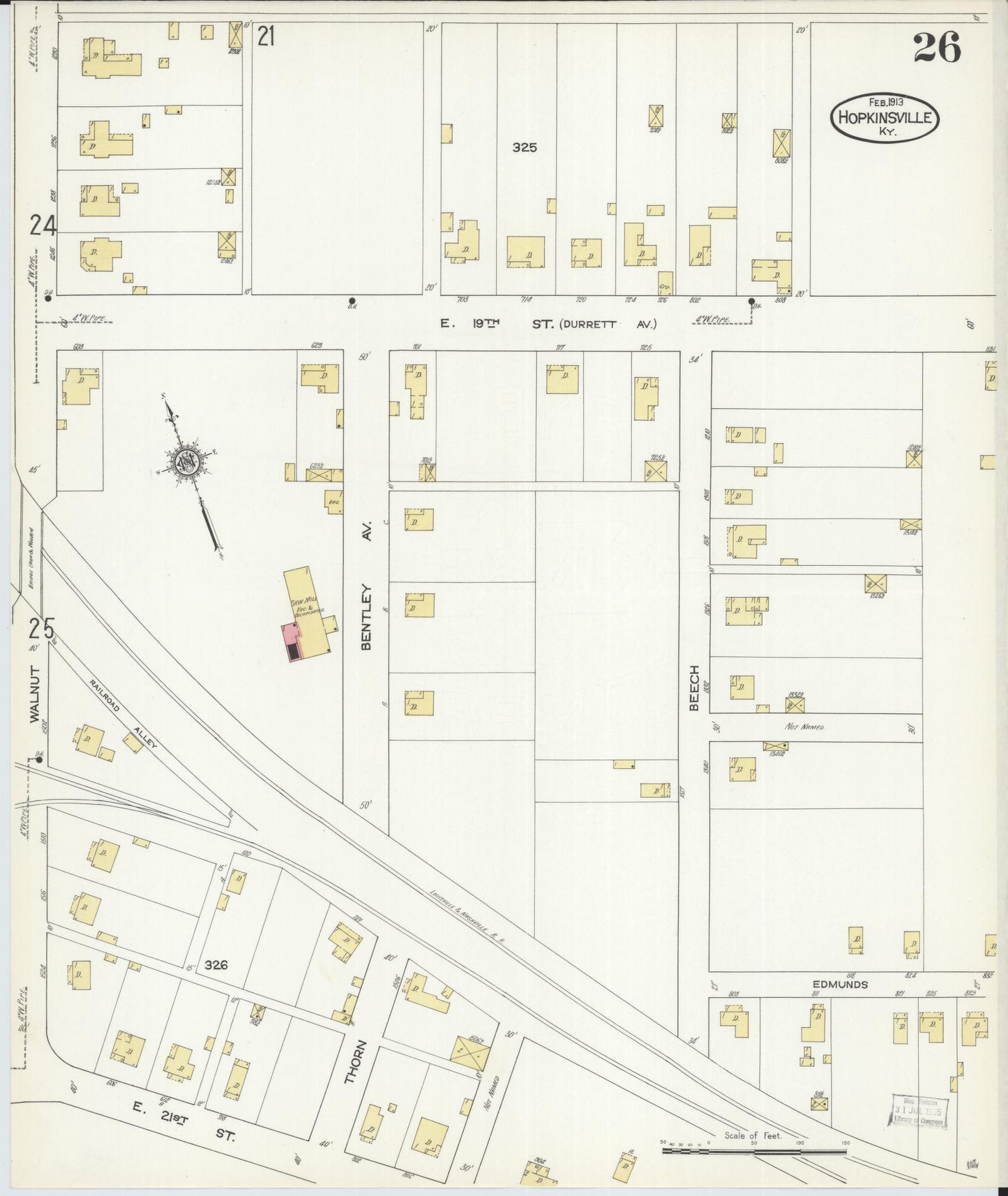 Sanborn Fire Insurance Map from Hopkinsville, Christian County, Kentucky (1913), Sheet #0026 - Historic Sanborn Fire Insurance Map Print, vintage old map wall art, antique decor, genealogy gift, Kentucky Kentucky map
