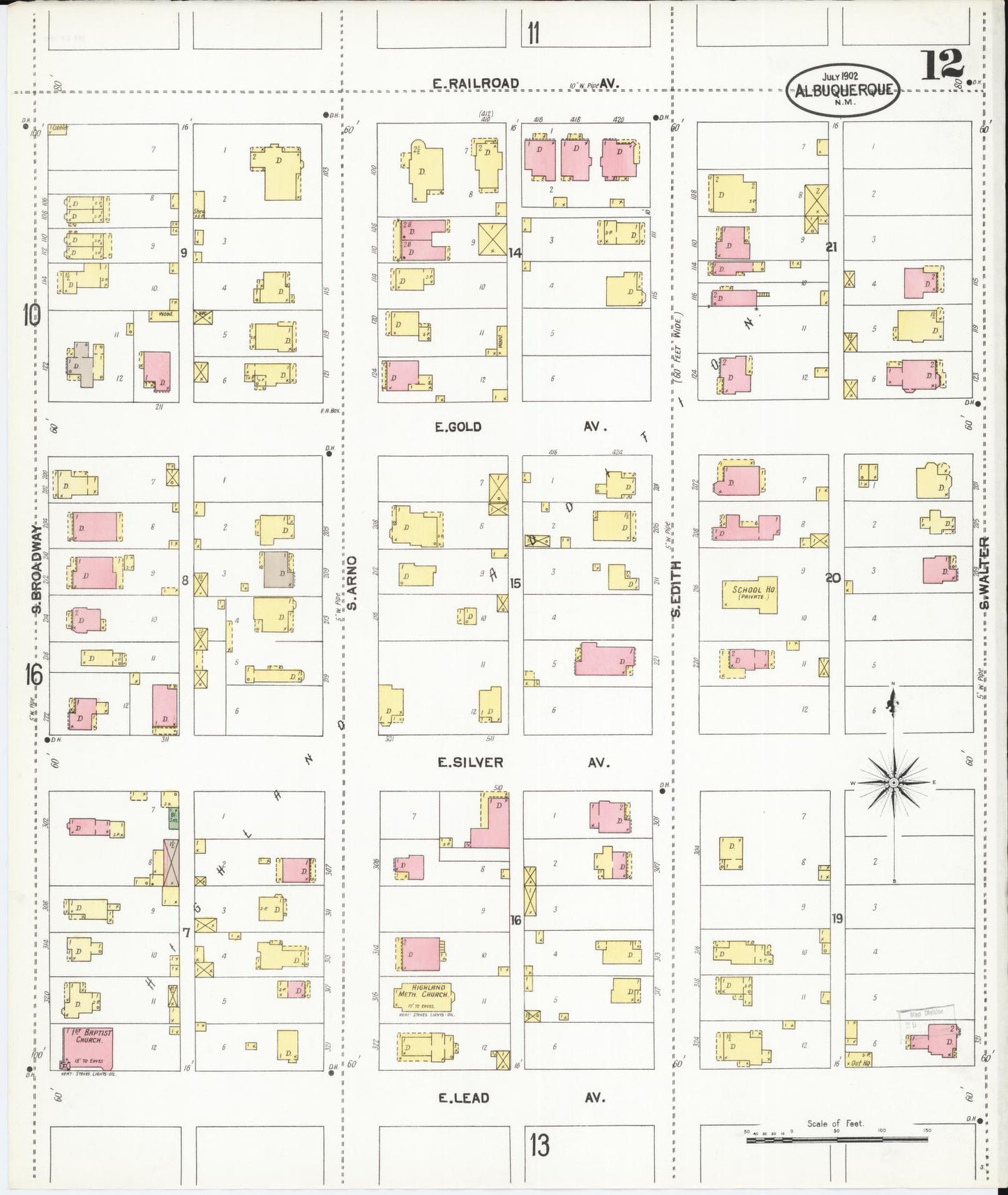 Sanborn Fire Insurance Map from Albuquerque, Bernalillo County, New Mexico (1902), Sheet #0012 - Historic Sanborn Fire Insurance Map Print, vintage old map wall art, antique decor, genealogy gift, New Mexico New Mexico map