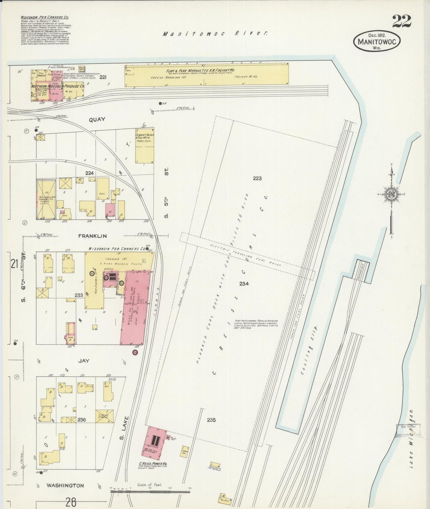 Sanborn Fire Insurance Map from Manitowoc, Manitowoc County, Wisconsin (1912), Sheet #0022 - Historic Sanborn Fire Insurance Map Print, vintage old map wall art, antique decor, genealogy gift, Wisconsin Wisconsin map