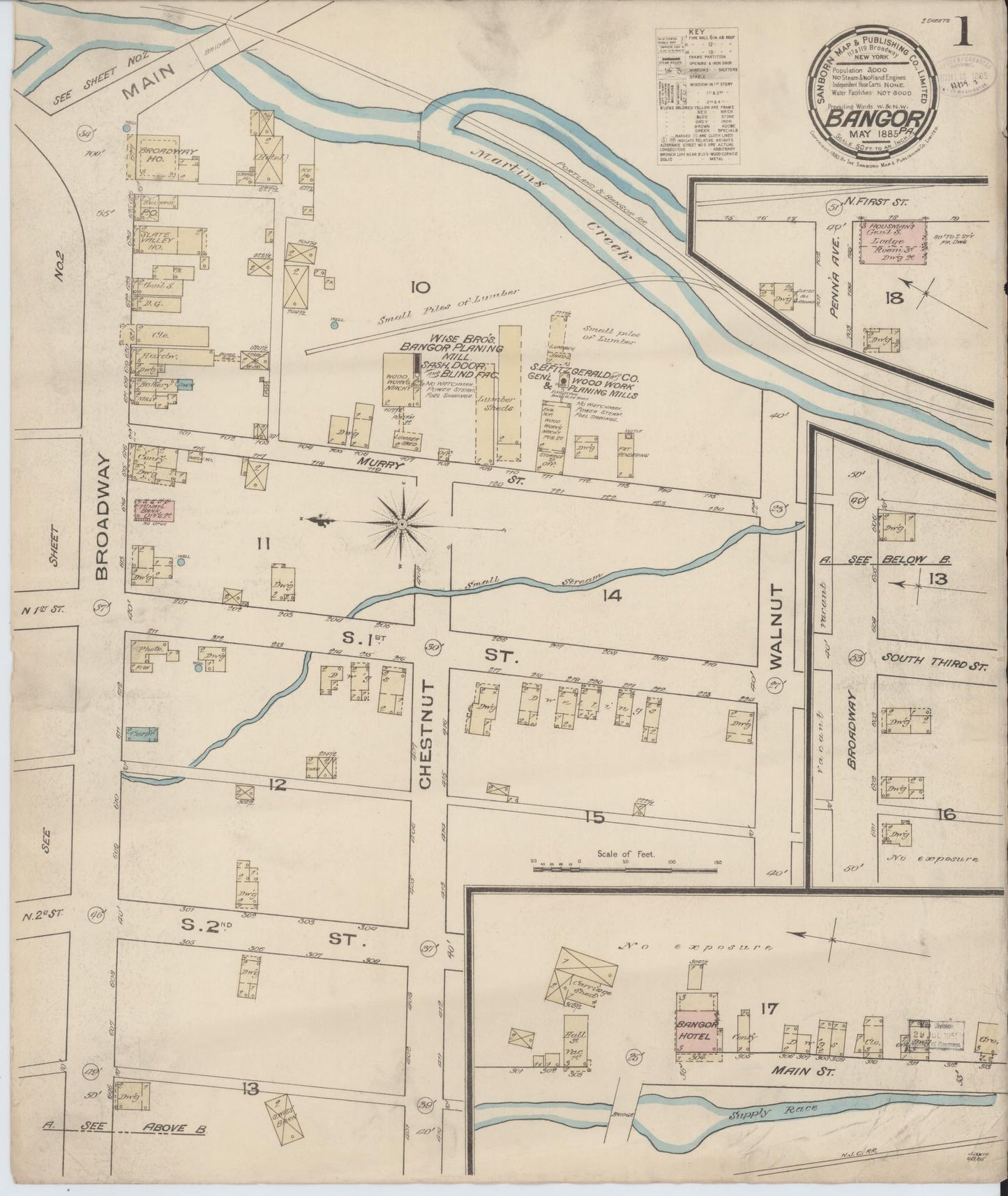 Sanborn Fire Insurance Map from Bangor, Northampton County, Pennsylvania (1885), Sheet #0001 - Historic Sanborn Fire Insurance Map Print, vintage old map wall art, antique decor, genealogy gift, Pennsylvania Pennsylvania map