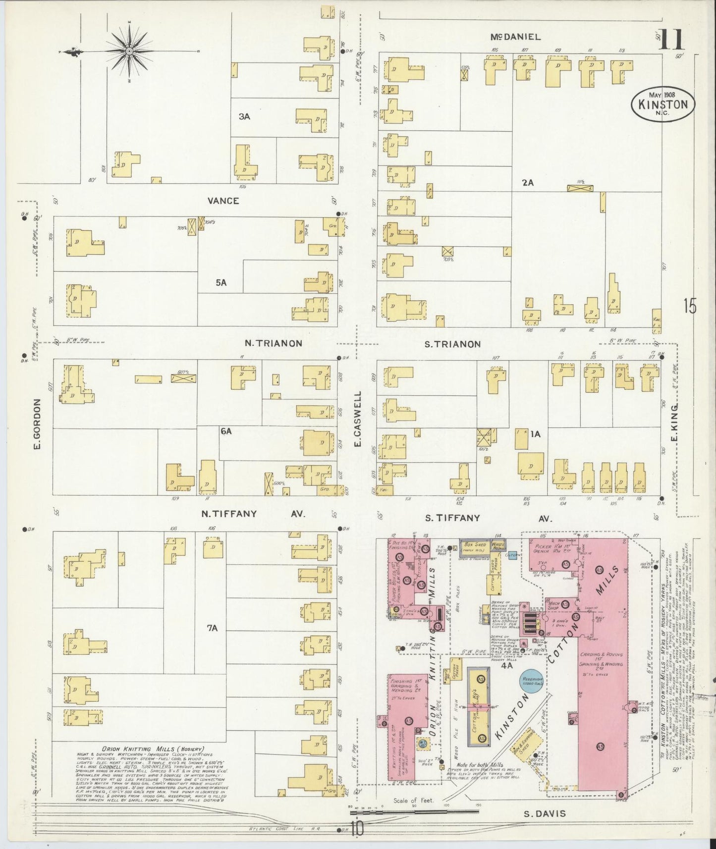 Sanborn Fire Insurance Map from Kinston, Lenoir County, North Carolina (1908), Sheet #0011 - Historic Sanborn Fire Insurance Map Print, vintage old map wall art, antique decor, genealogy gift, North Carolina North Carolina map