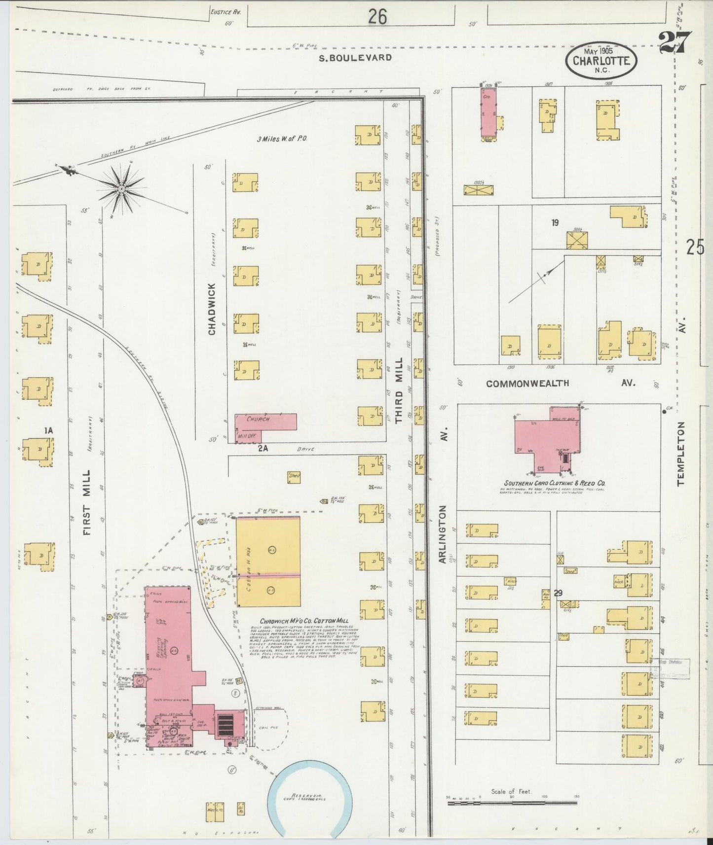 Sanborn Fire Insurance Map from Charlotte, Mecklenburg County, North Carolina (1905), Sheet #0027 - Historic Sanborn Fire Insurance Map Print, vintage old map wall art, antique decor, genealogy gift, North Carolina North Carolina map