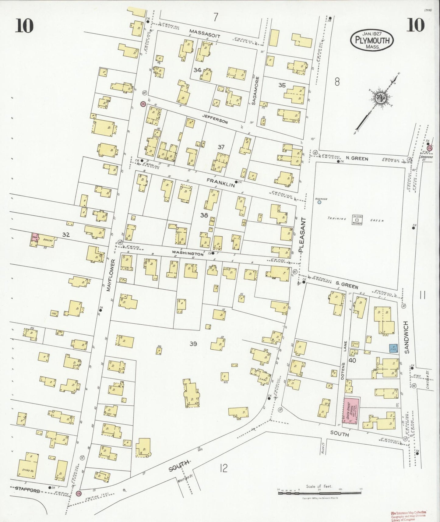 Sanborn Fire Insurance Map from Plymouth, Plymouth County, Massachusetts (1927), Sheet #0010 - Historic Sanborn Fire Insurance Map Print, vintage old map wall art, antique decor, genealogy gift, Massachusetts Massachusetts map