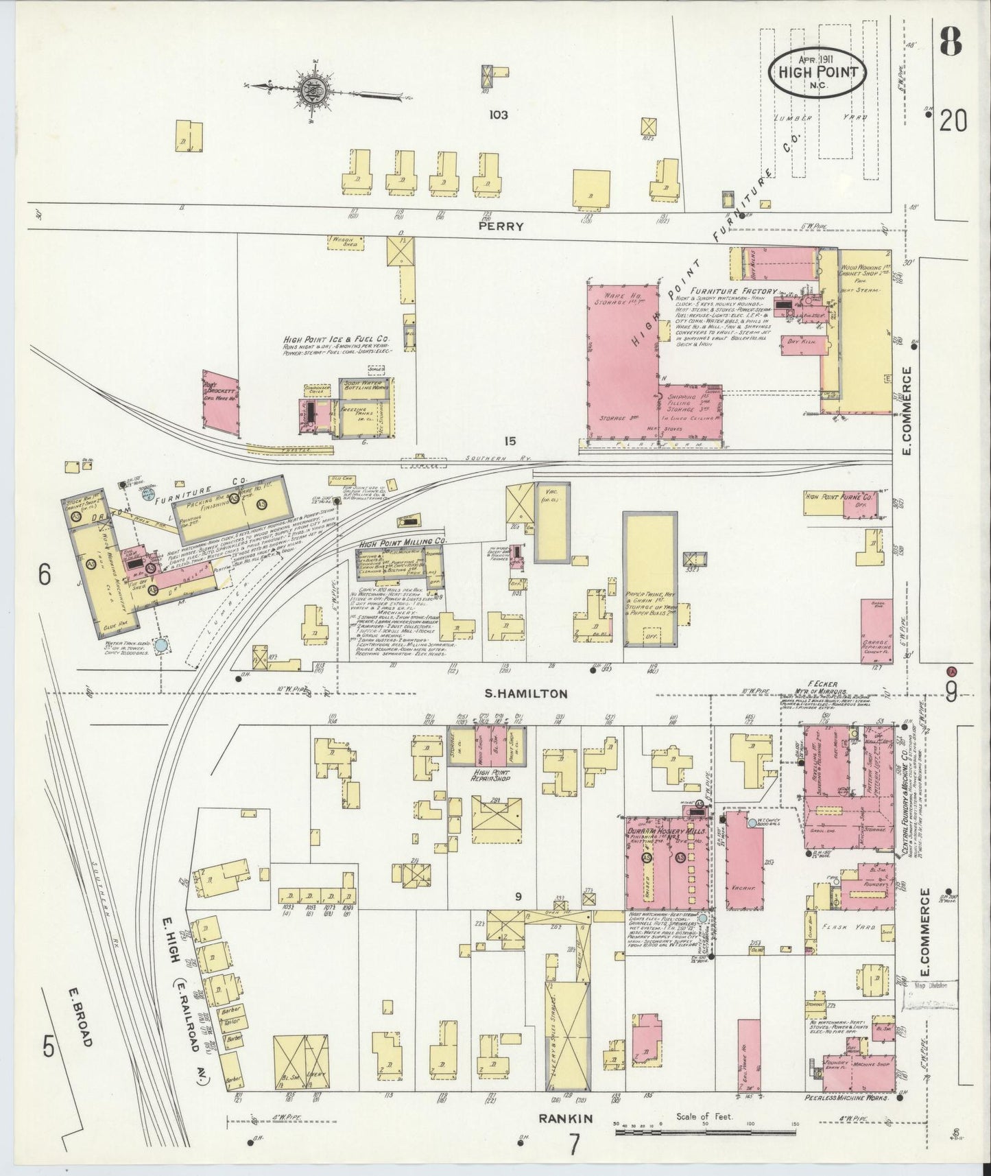 Sanborn Fire Insurance Map from High Point, Guilford County, North Carolina (1911), Sheet #0008 - Historic Sanborn Fire Insurance Map Print, vintage old map wall art, antique decor, genealogy gift, North Carolina North Carolina map