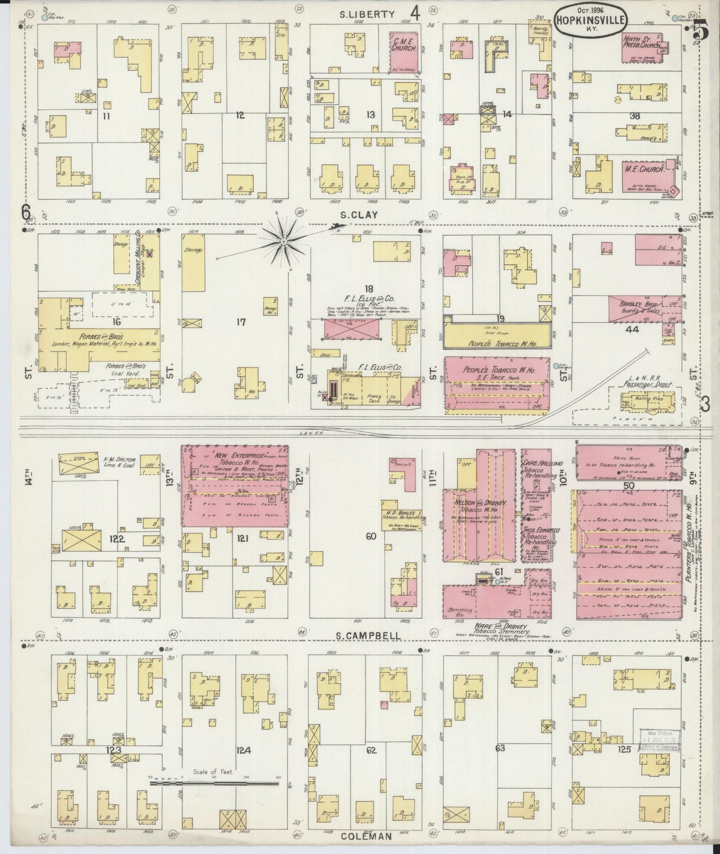 Sanborn Fire Insurance Map from Hopkinsville, Christian County, Kentucky (1896), Sheet #0005 - Historic Sanborn Fire Insurance Map Print, vintage old map wall art, antique decor, genealogy gift, Kentucky Kentucky map