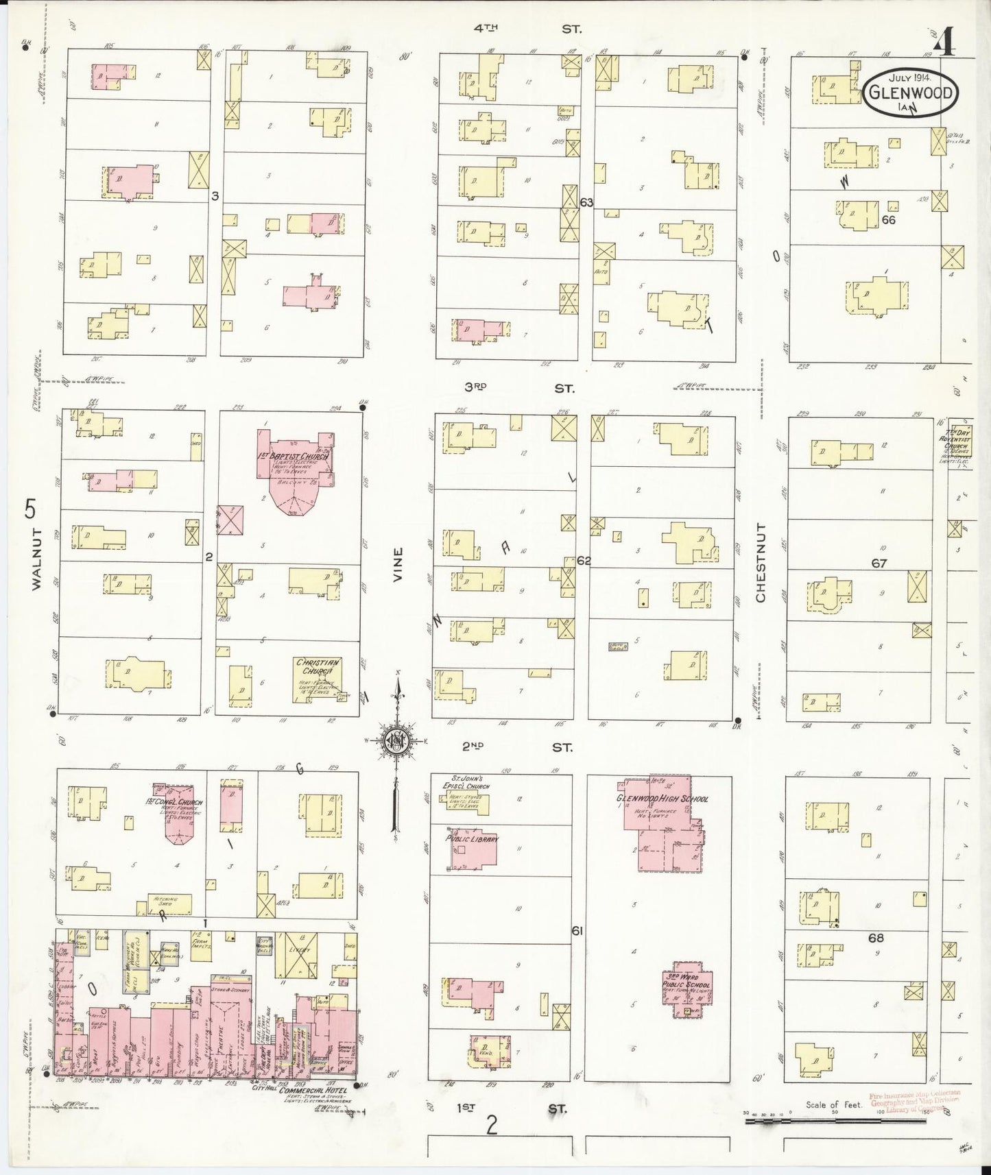 Sanborn Fire Insurance Map from Glenwood, Mills County, Iowa (1914), Sheet #0004 - Historic Sanborn Fire Insurance Map Print, vintage old map wall art