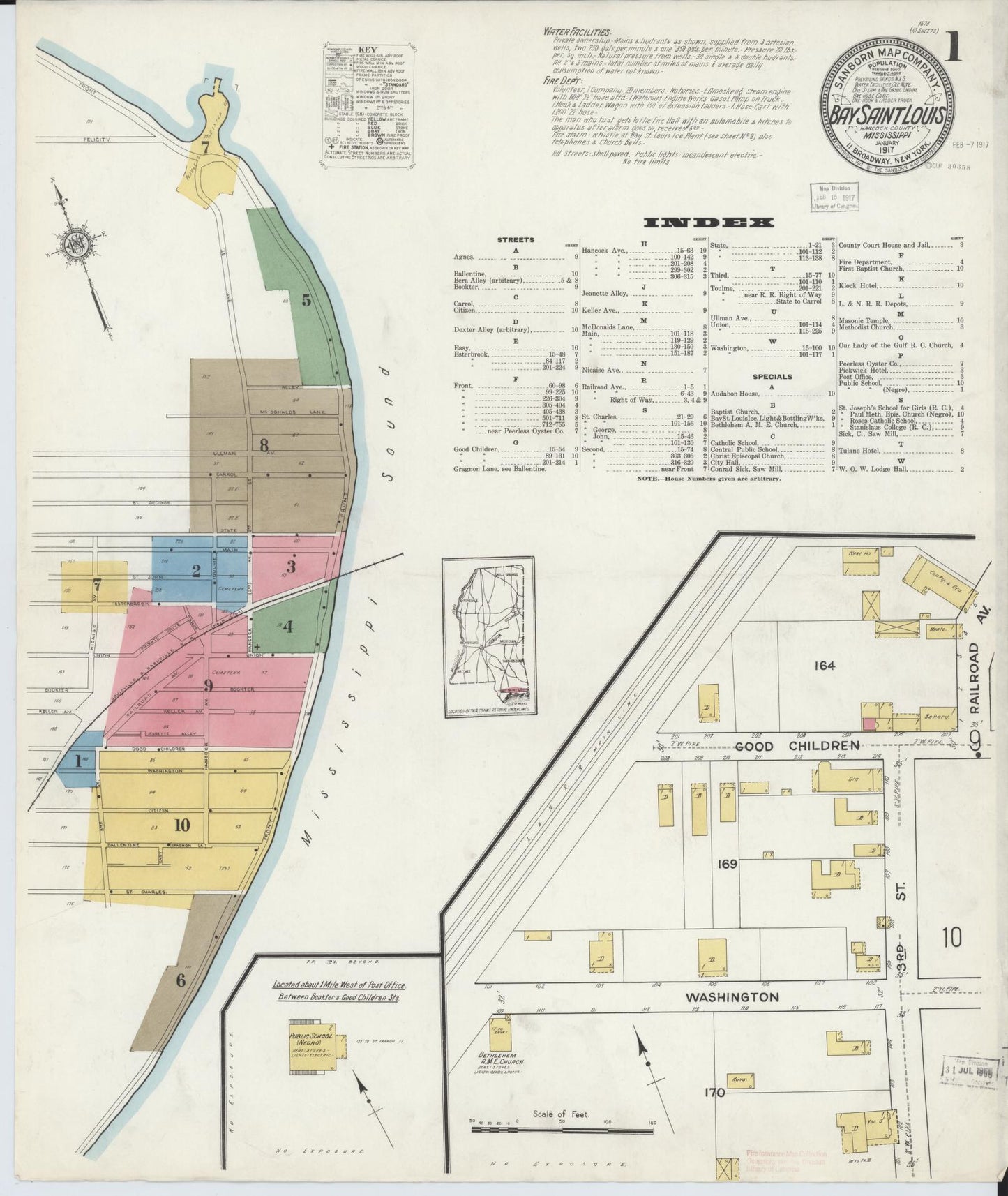 Sanborn Fire Insurance Map from Bay Saint Louis, Hancock County, Mississippi (1917), Sheet #0001 - Historic Sanborn Fire Insurance Map Print, vintage old map wall art, antique decor, genealogy gift, Mississippi Mississippi map
