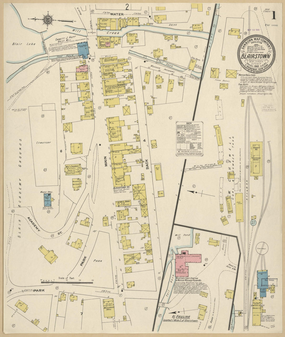 Sanborn Fire Insurance Map from Blairstown, Warren County, New Jersey (1910), Sheet #0001 - Historic Sanborn Fire Insurance Map Print, vintage old map wall art, antique decor, genealogy gift, New Jersey New Jersey map