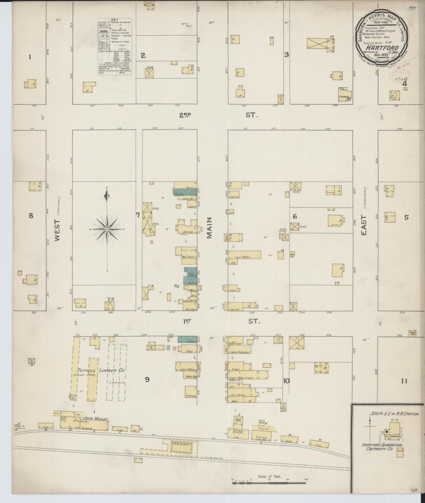 Sanborn Fire Insurance Map from Hartford, Minnehaha County, South Dakota (1893), Sheet #0001 - Historic Sanborn Fire Insurance Map Print, vintage old map wall art, antique decor, genealogy gift, South Dakota South Dakota map