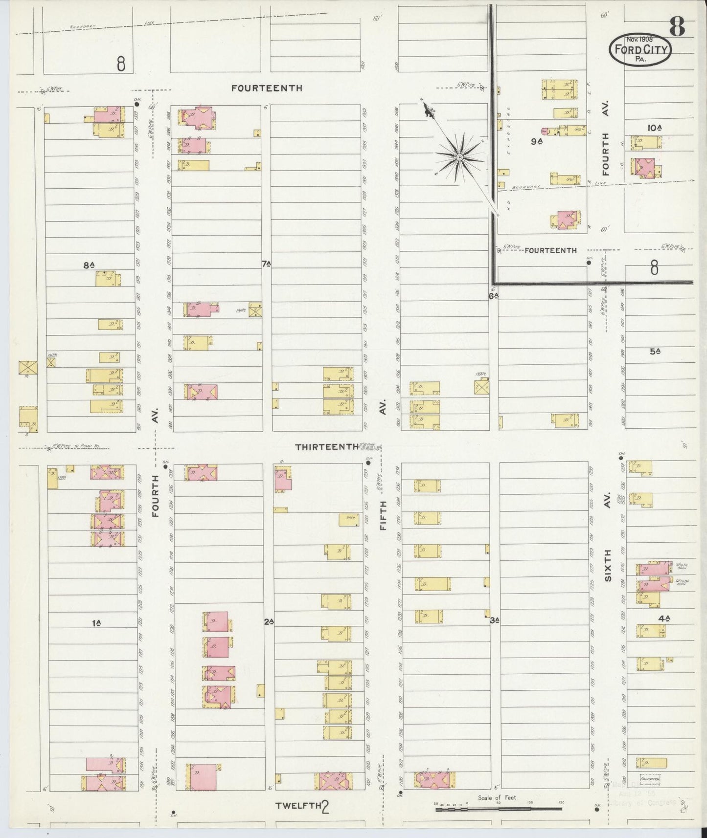 Sanborn Fire Insurance Map from Ford City, Armstrong County, Pennsylvania (1908), Sheet #0008 - Historic Sanborn Fire Insurance Map Print, vintage old map wall art, antique decor, genealogy gift, Pennsylvania Pennsylvania map