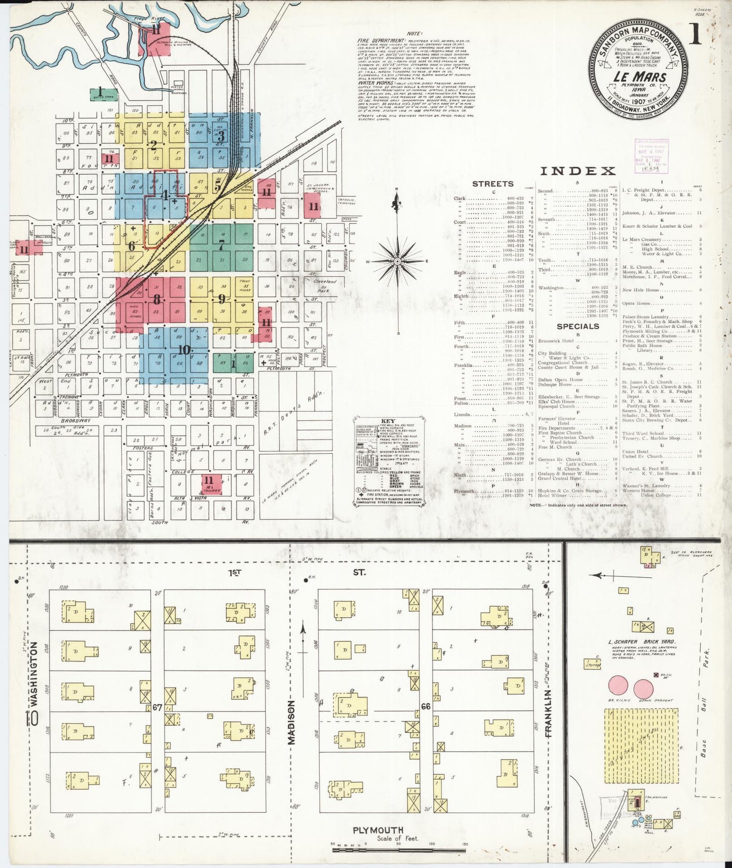 Sanborn Fire Insurance Map from Le Mars, Plymouth County, Iowa (1907), Sheet #0001 - Historic Sanborn Fire Insurance Map Print, vintage old map wall art