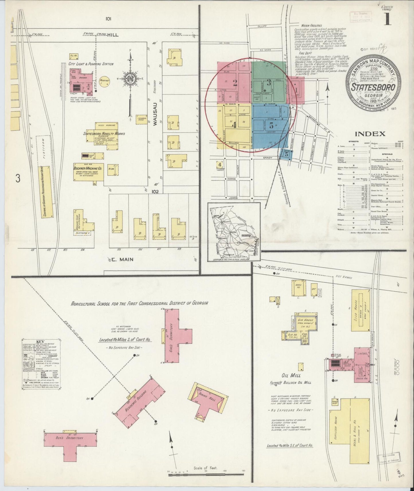 Sanborn Fire Insurance Map from Statesboro, Bulloch County, Georgia (1913), Sheet #0001 - Historic Sanborn Fire Insurance Map Print, vintage old map wall art, antique decor, genealogy gift, Georgia Georgia map