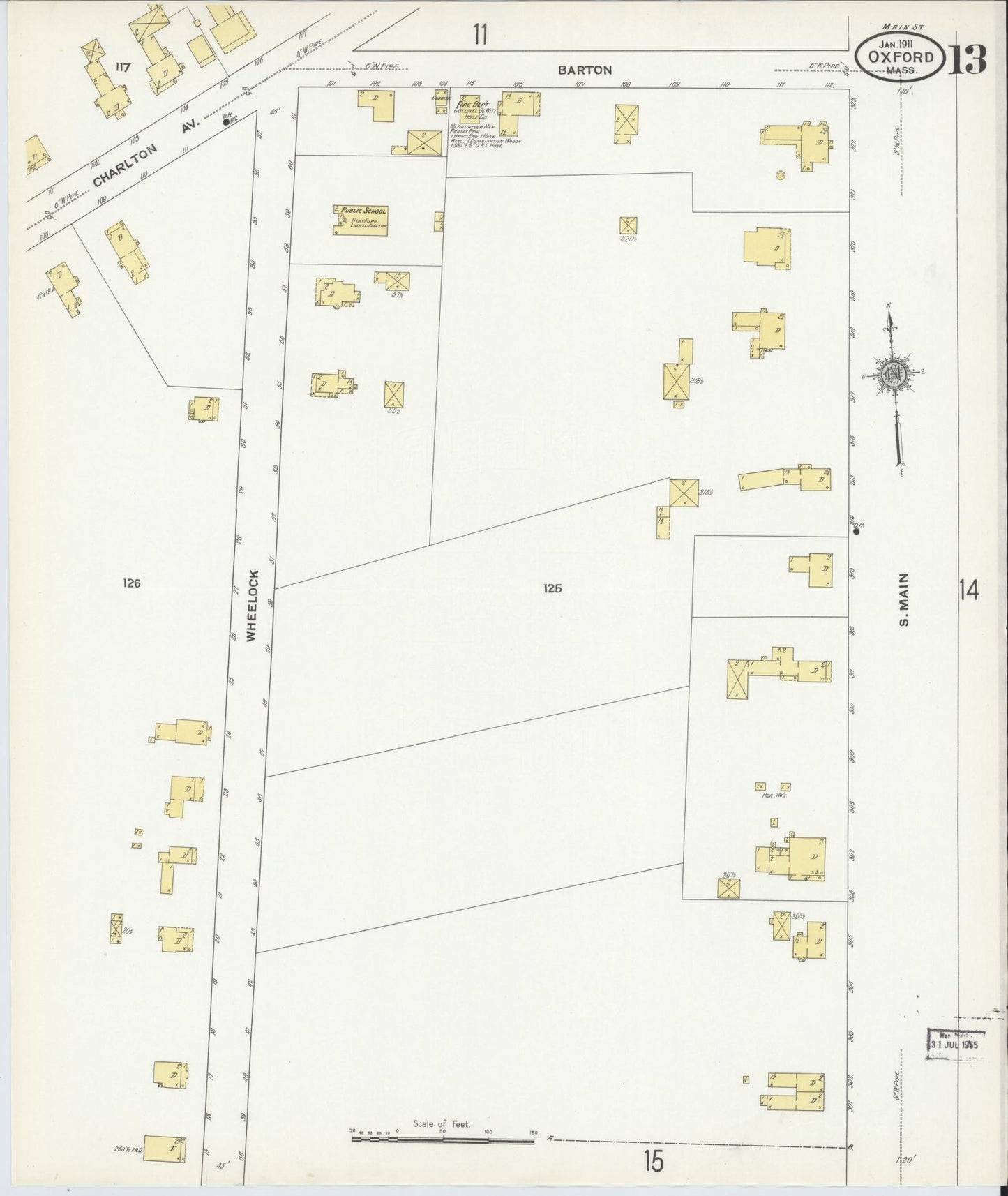 Sanborn Fire Insurance Map from Oxford, Worcester County, Massachusetts (1911), Sheet #0013 - Historic Sanborn Fire Insurance Map Print, vintage old map wall art, antique decor, genealogy gift, Massachusetts Massachusetts map
