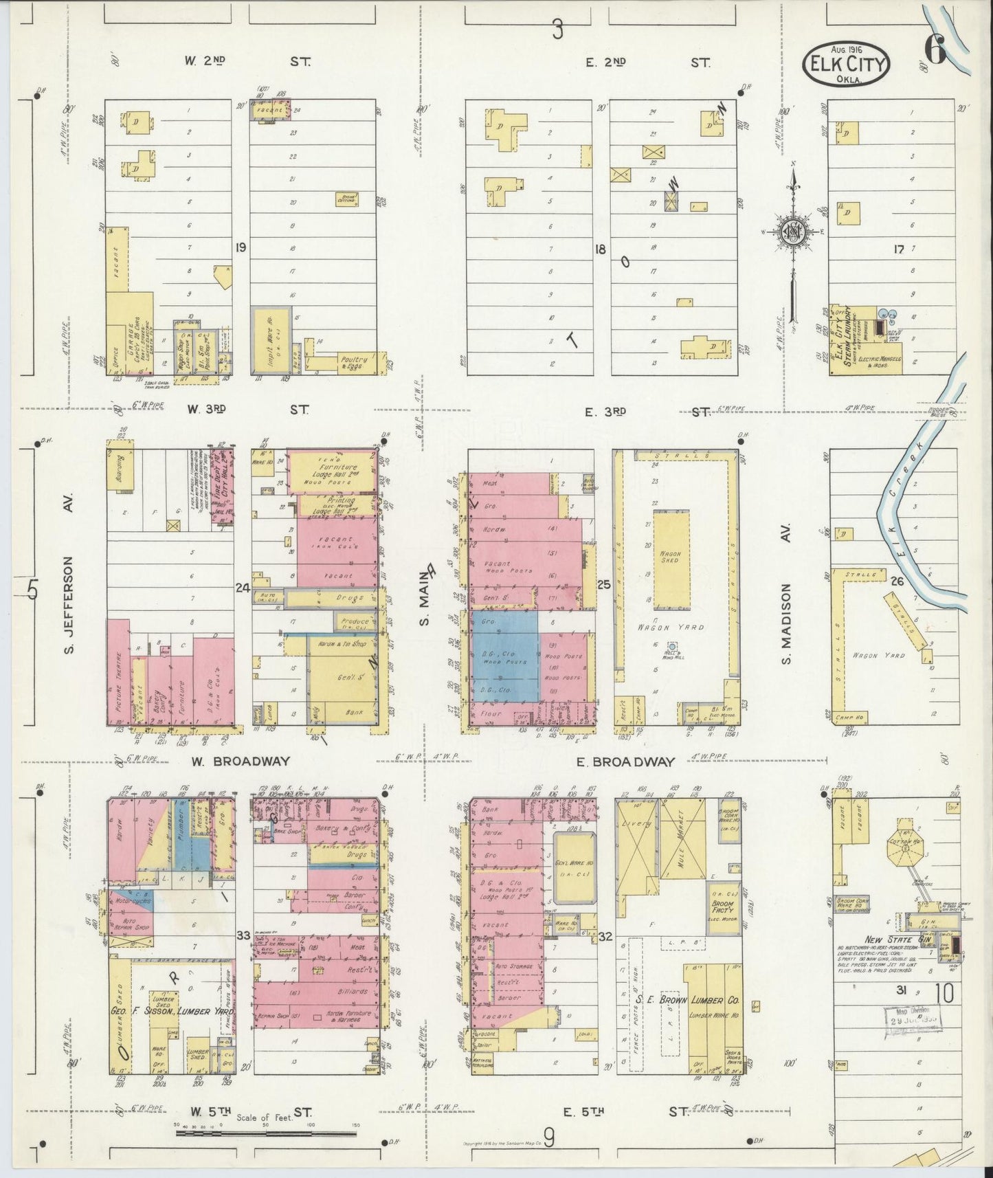 Sanborn Fire Insurance Map from Elk City, Beckham County, Oklahoma (1916), Sheet #0006 - Historic Sanborn Fire Insurance Map Print, vintage old map wall art, antique decor, genealogy gift, Oklahoma Oklahoma map