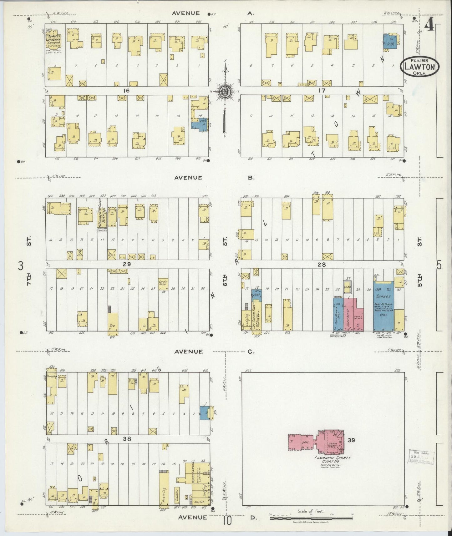 Sanborn Fire Insurance Map from Lawton, Comanche County, Oklahoma (1918), Sheet #0004 - Historic Sanborn Fire Insurance Map Print, vintage old map wall art, antique decor, genealogy gift, Oklahoma Oklahoma map