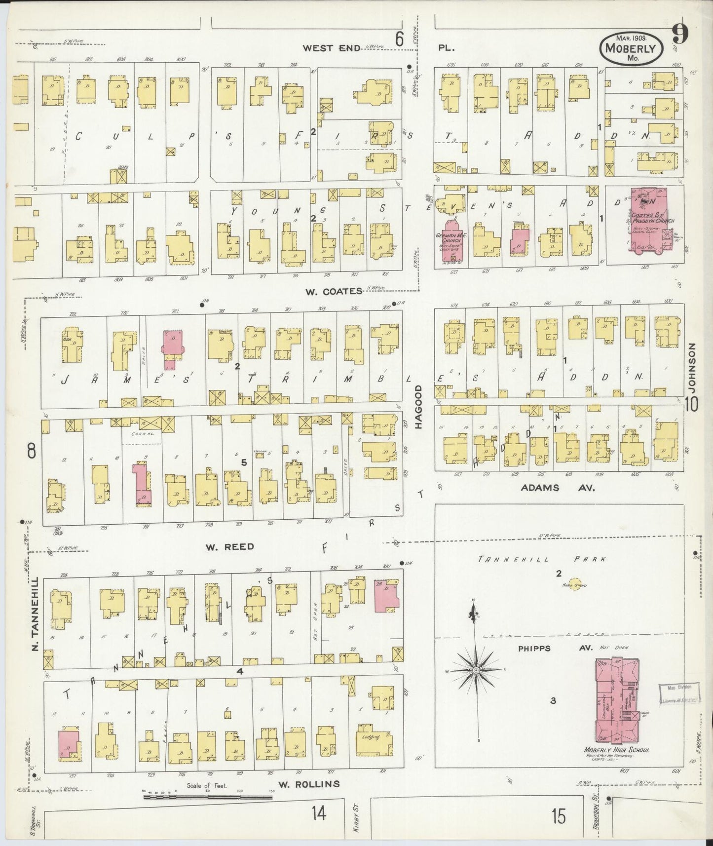 Sanborn Fire Insurance Map from Moberly, Randolph County, Missouri (1909), Sheet #0009 - Historic Sanborn Fire Insurance Map Print, vintage old map wall art, antique decor, genealogy gift, Missouri Missouri map