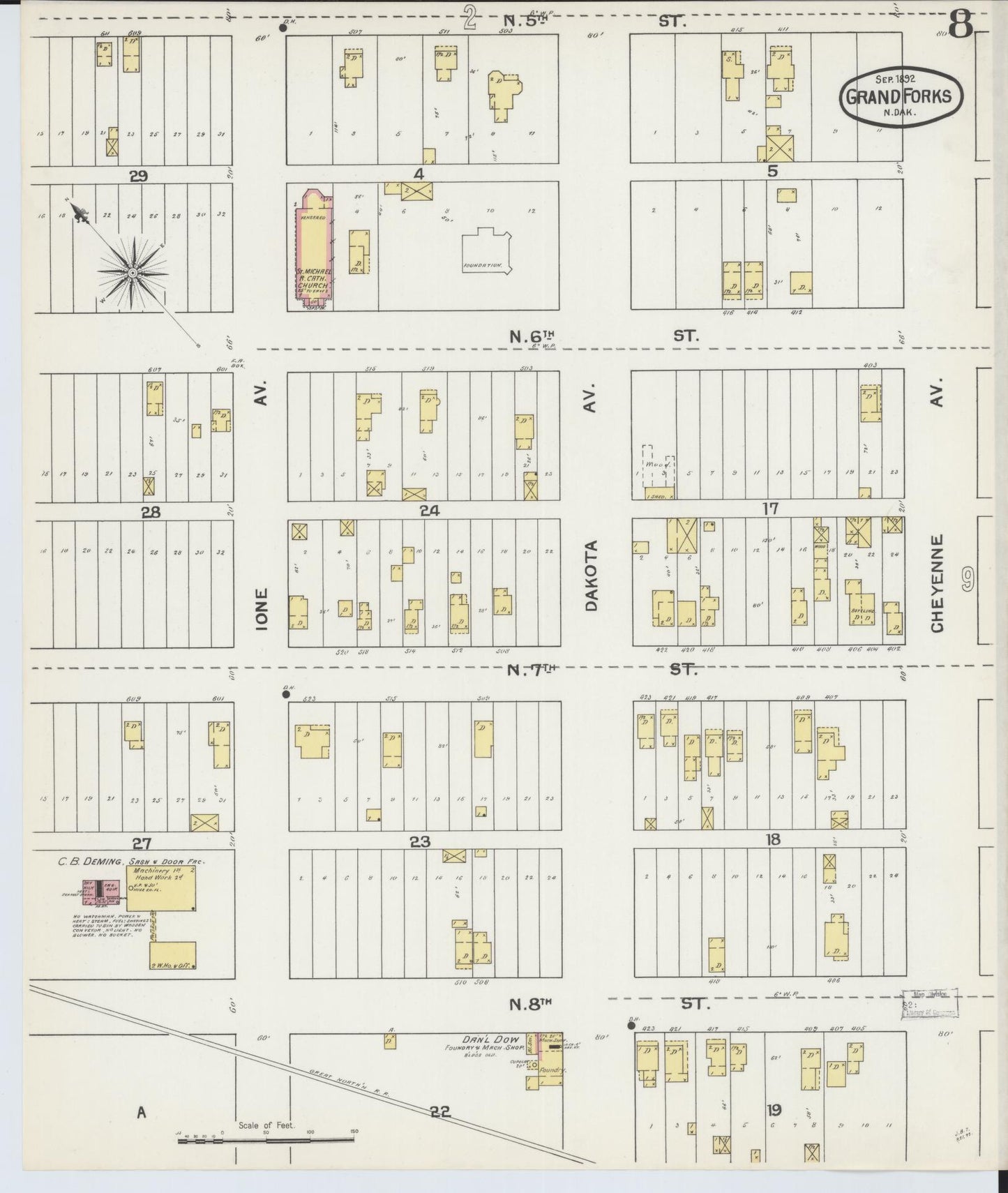 Sanborn Fire Insurance Map from Grand Forks, Grand Forks County, North Dakota (1892), Sheet #0008 - Historic Sanborn Fire Insurance Map Print, vintage old map wall art, antique decor, genealogy gift, North Dakota North Dakota map