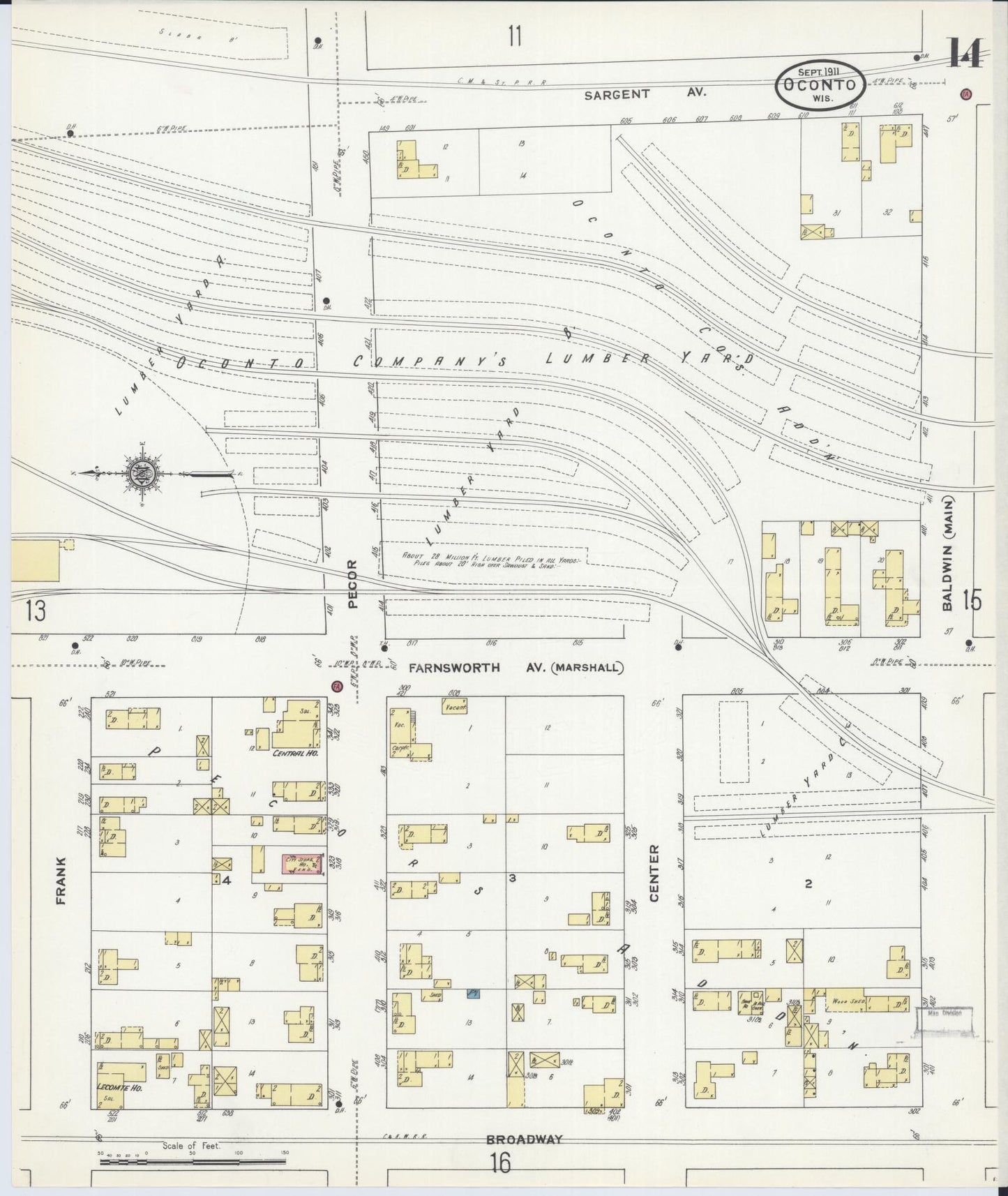 Sanborn Fire Insurance Map from Oconto, Oconto County, Wisconsin (1911), Sheet #0014 - Historic Sanborn Fire Insurance Map Print, vintage old map wall art, antique decor, genealogy gift, Wisconsin Wisconsin map