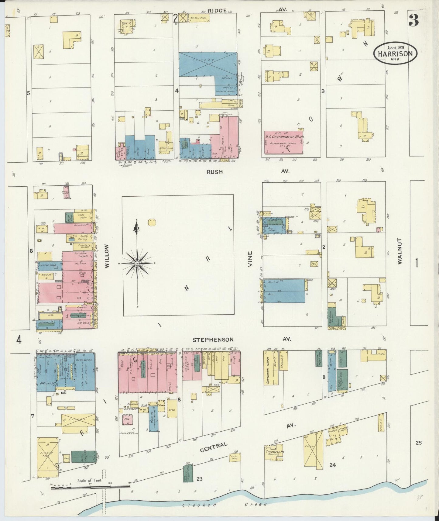 Sanborn Fire Insurance Map from Harrison, Boone County, Arkansas (1909), Sheet #0003 - Historic Sanborn Fire Insurance Map Print, vintage old map wall art, antique decor, genealogy gift, Arkansas Arkansas map