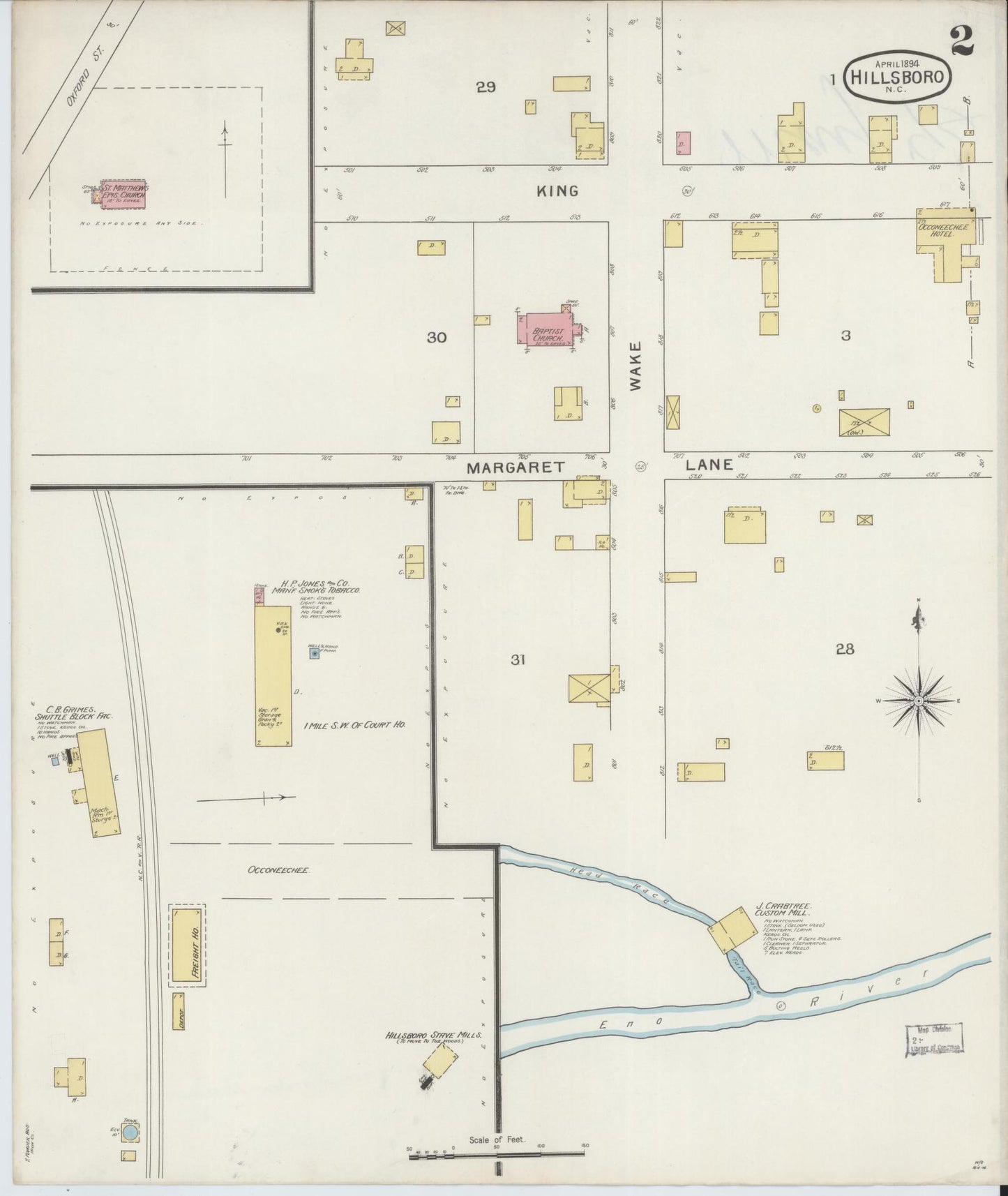 Sanborn Fire Insurance Map from Hillsboro, Orange County, North Carolina (1894), Sheet #0002 - Complete Map Set gallery image, historic Sanborn map, vintage wall art, North Carolina North Carolina