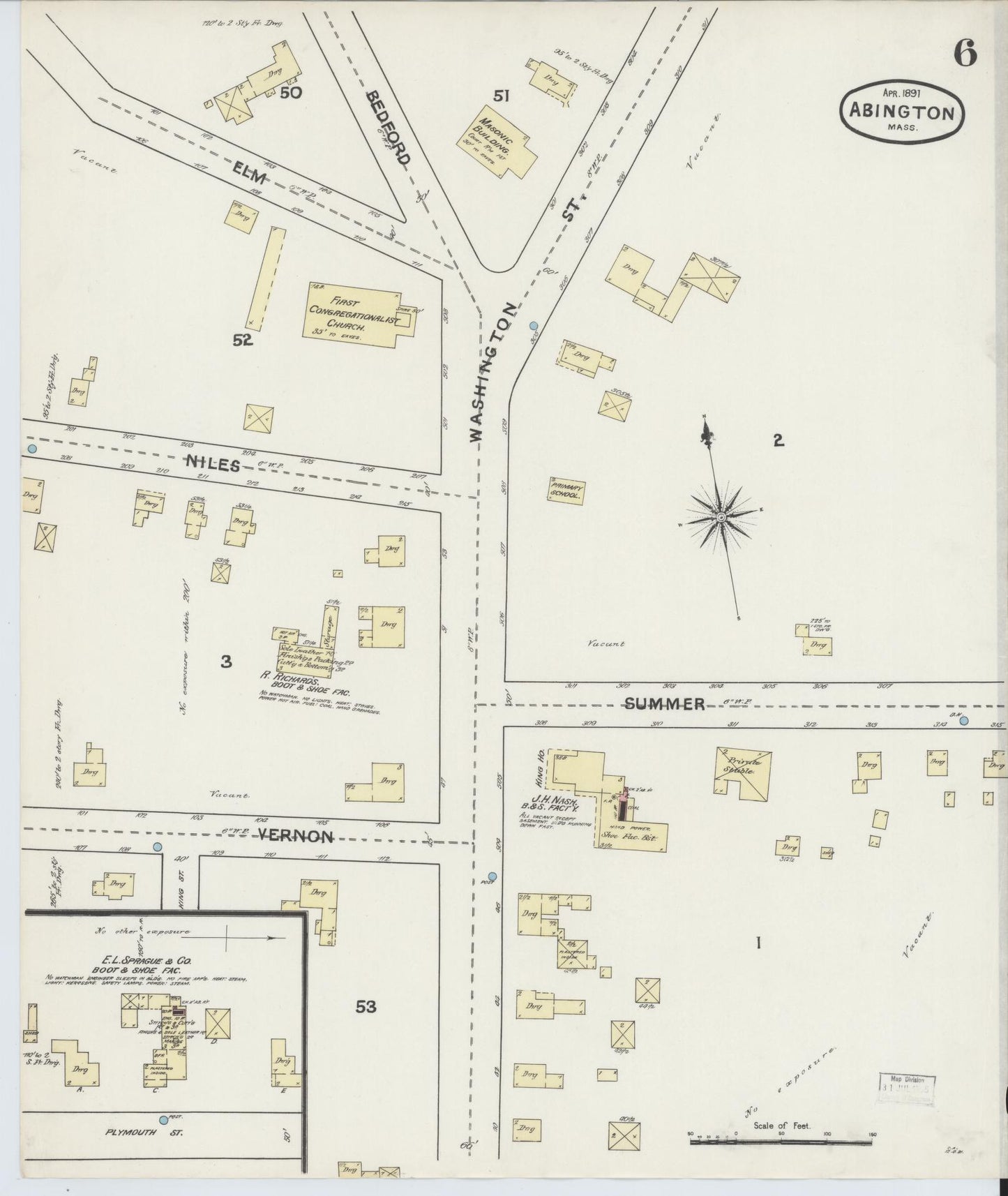 Sanborn Fire Insurance Map from Abington, Plymouth County, Massachusetts (1891), Sheet #0006 - Historic Sanborn Fire Insurance Map Print, vintage old map wall art, antique decor, genealogy gift, Massachusetts Massachusetts map