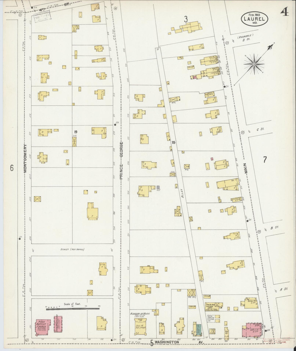 Sanborn Fire Insurance Map from Laurel, Prince Georges County, Maryland (1903), Sheet #0004 - Historic Sanborn Fire Insurance Map Print, vintage old map wall art, antique decor, genealogy gift, Maryland Maryland map